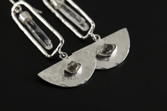 Art Deco Dangle Earrings with Aquamarine & Herkimer Diamonds, Shiny Hammered Texture, 925 Sterling Silver, Elegant Crystal Earring
