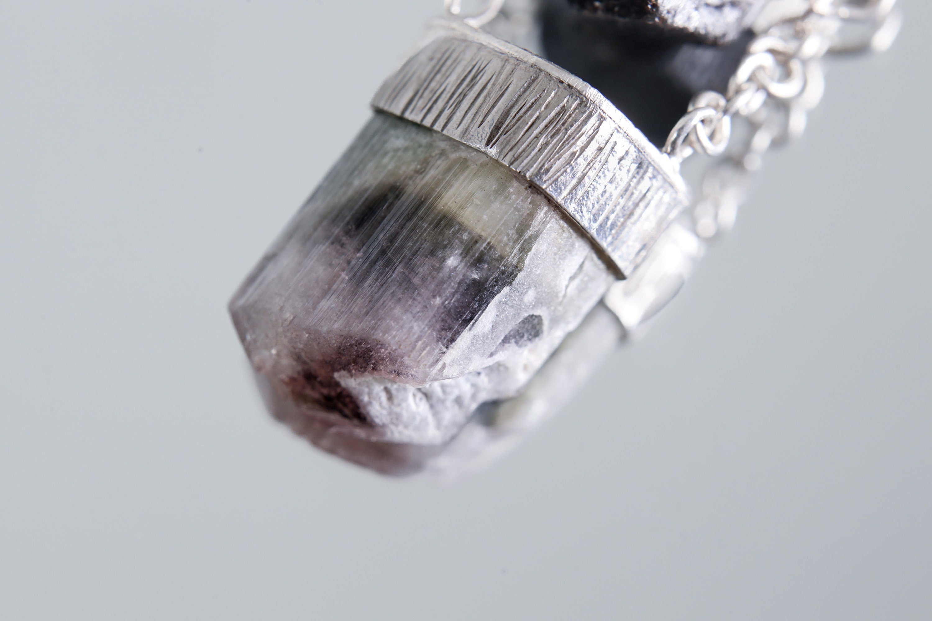 Black Tourmaline & Watermelon Tourmaline Sterling Silver Pendant with Specialty Chain