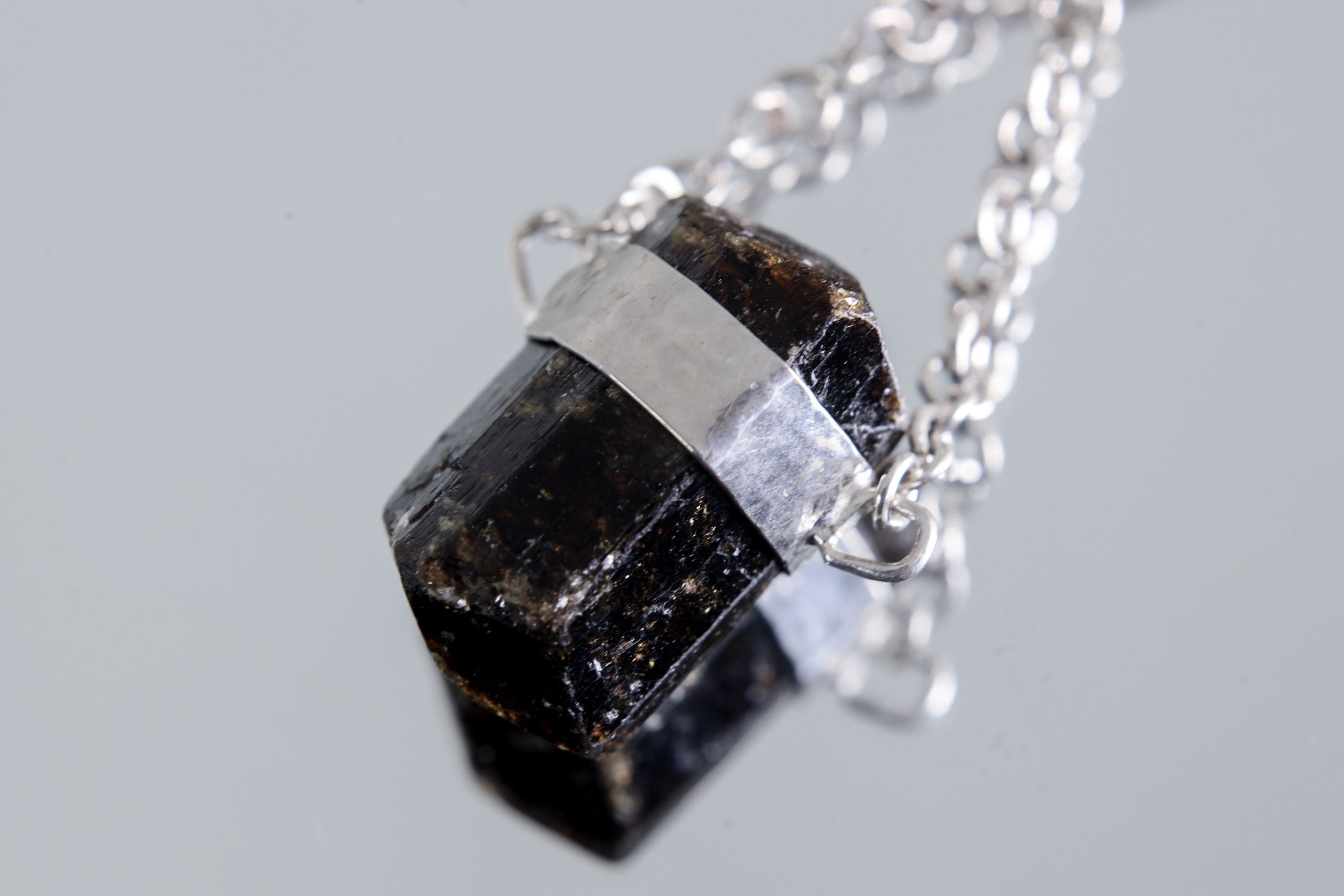 Double Terminated Black Tourmaline Pendant, Wrapped Textured Silver, Chain Bail, Sterling Silver Crystal Charm, Protective Energy, N0/03