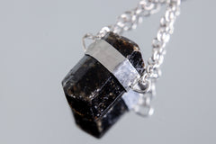 Double Terminated Black Tourmaline Pendant, Wrapped Textured Silver, Chain Bail, Sterling Silver Crystal Charm, Protective Energy, N0/03