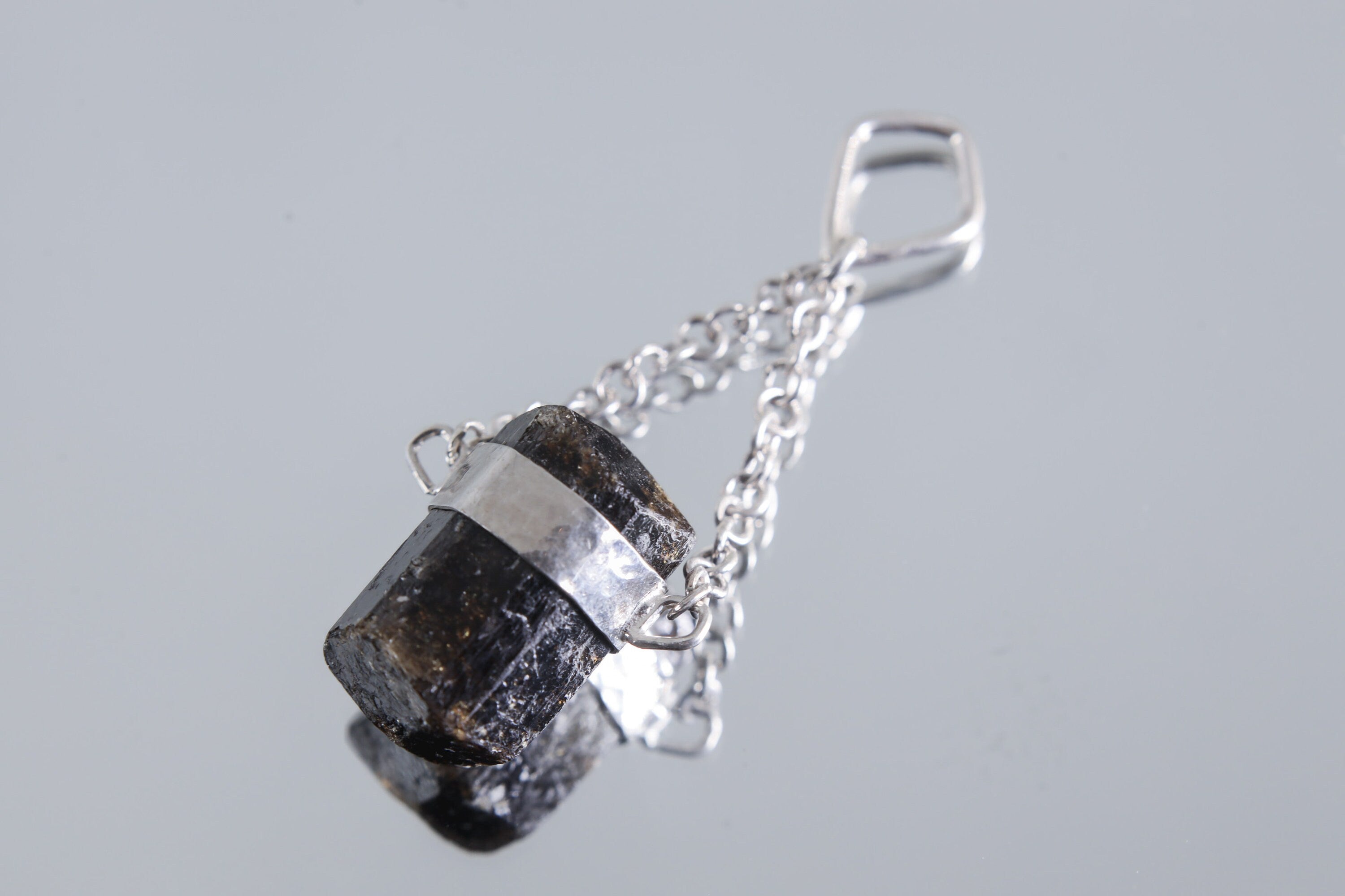 Double Terminated Black Tourmaline Pendant, Wrapped Textured Silver, Chain Bail, Sterling Silver Crystal Charm, Protective Energy, N0/03