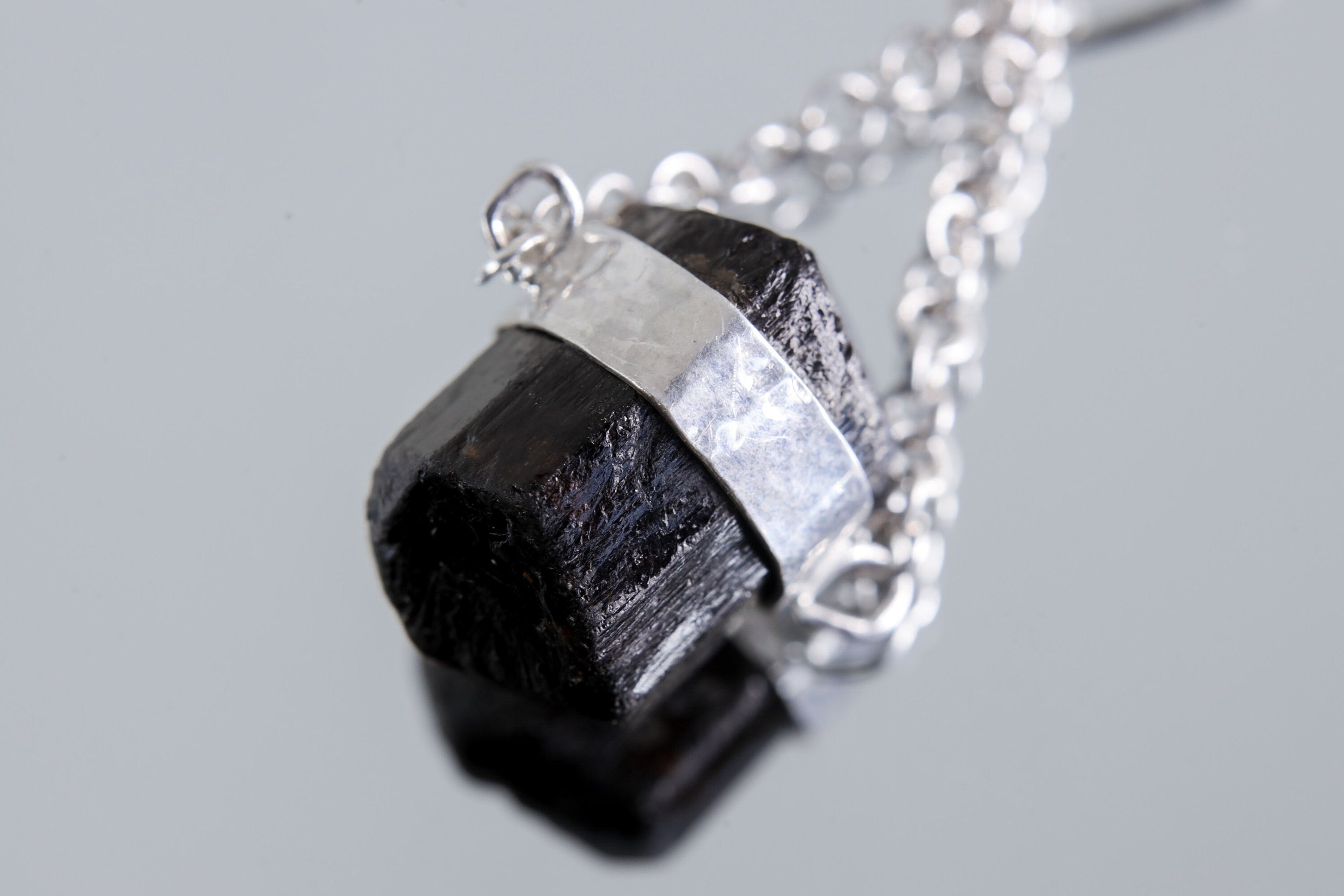 Double Terminated Black Tourmaline Pendant, Wrapped Textured Silver, Chain Bail, Sterling Silver Crystal Charm, Protective Energy, N0/04