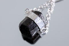 Double Terminated Black Tourmaline Pendant, Wrapped Textured Silver, Chain Bail, Sterling Silver Crystal Charm, Protective Energy, N0/04