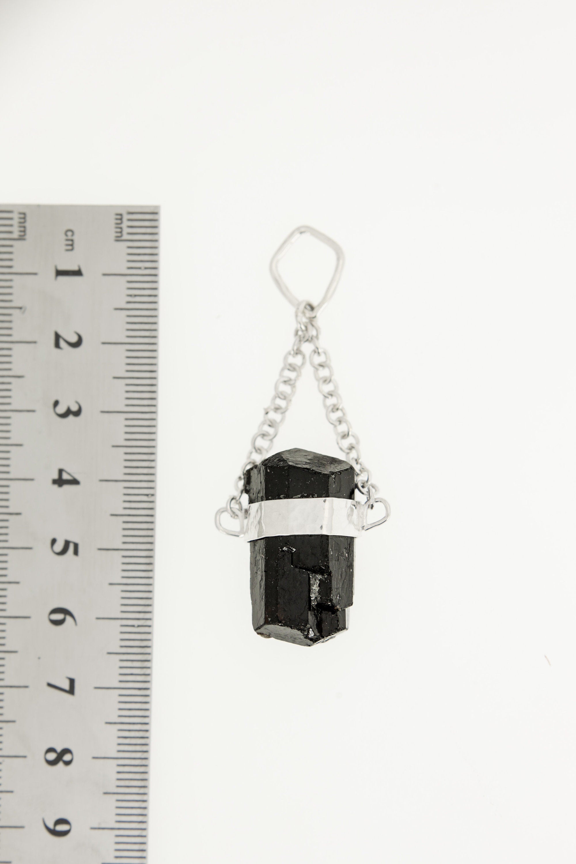 Double Terminated Black Tourmaline Pendant, Wrapped Textured Silver, Chain Bail, Sterling Silver Crystal Charm, Protective Energy, N0/02