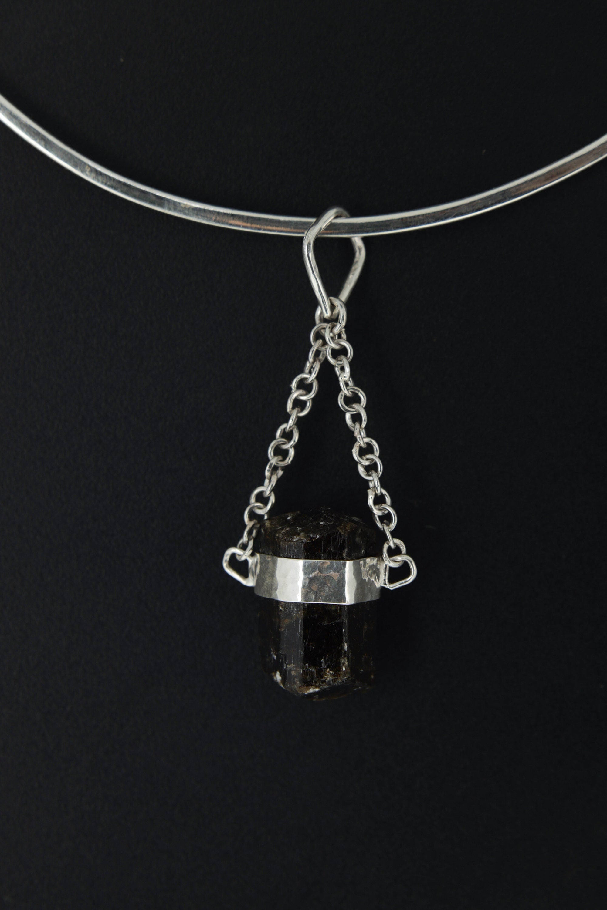 Double Terminated Black Tourmaline Pendant, Wrapped Textured Silver, Chain Bail, Sterling Silver Crystal Charm, Protective Energy, N0/03