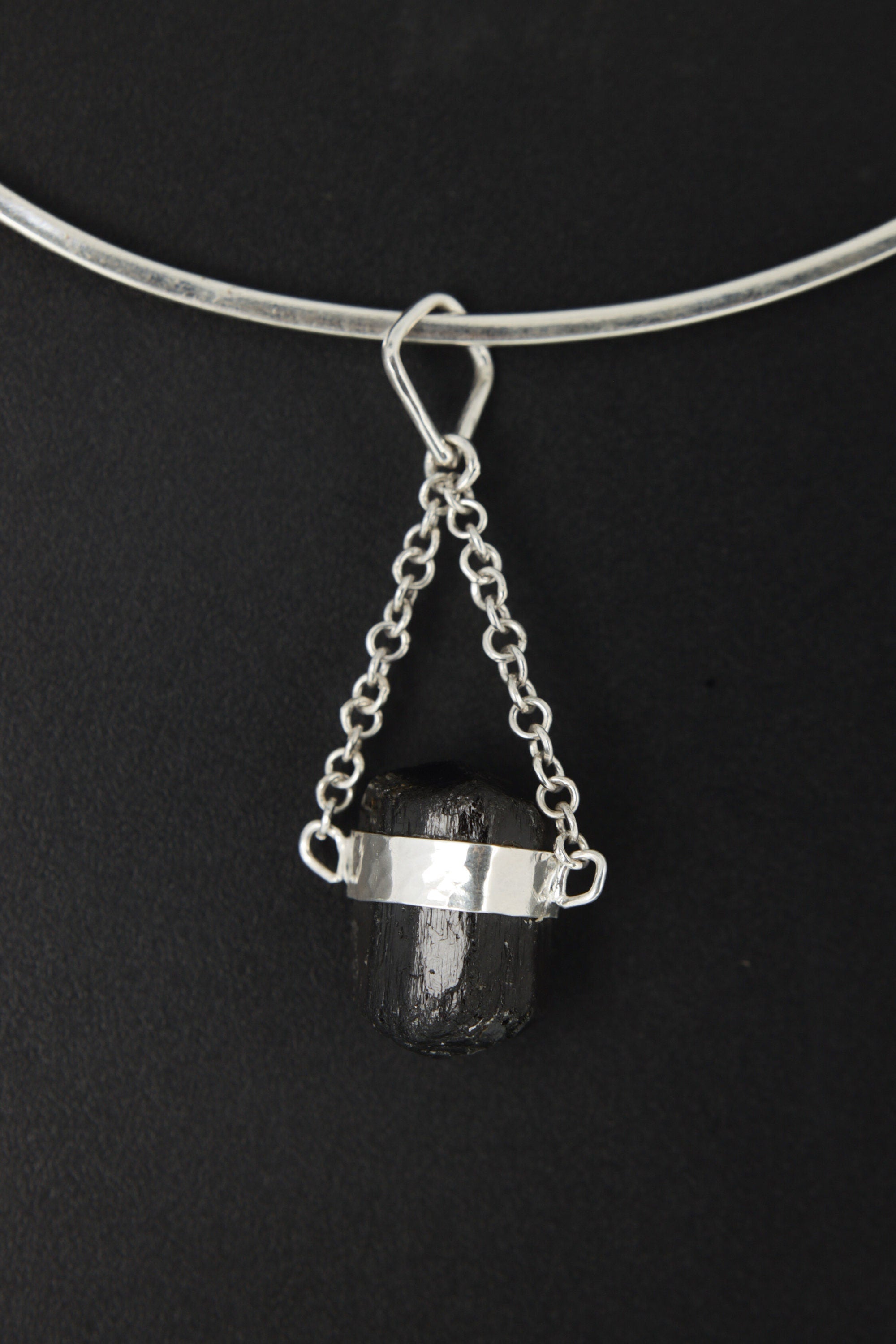 Double Terminated Black Tourmaline Pendant, Wrapped Textured Silver, Chain Bail, Sterling Silver Crystal Charm, Protective Energy, N0/04