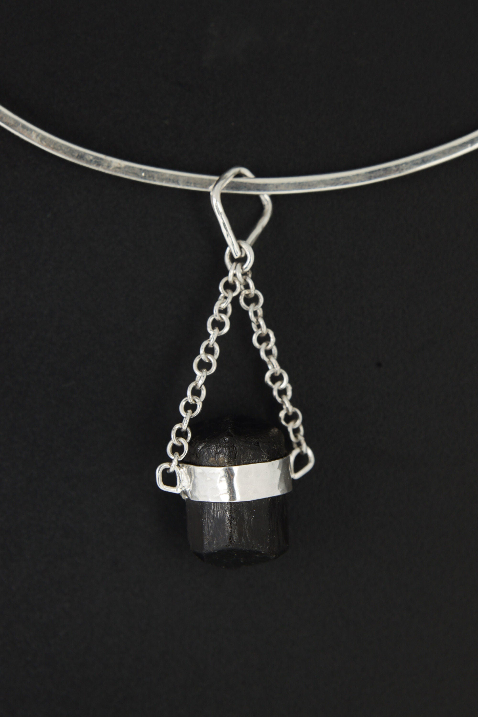 Double Terminated Black Tourmaline Pendant, Wrapped Textured Silver, Chain Bail, Sterling Silver Crystal Charm, Protective Energy, N0/04