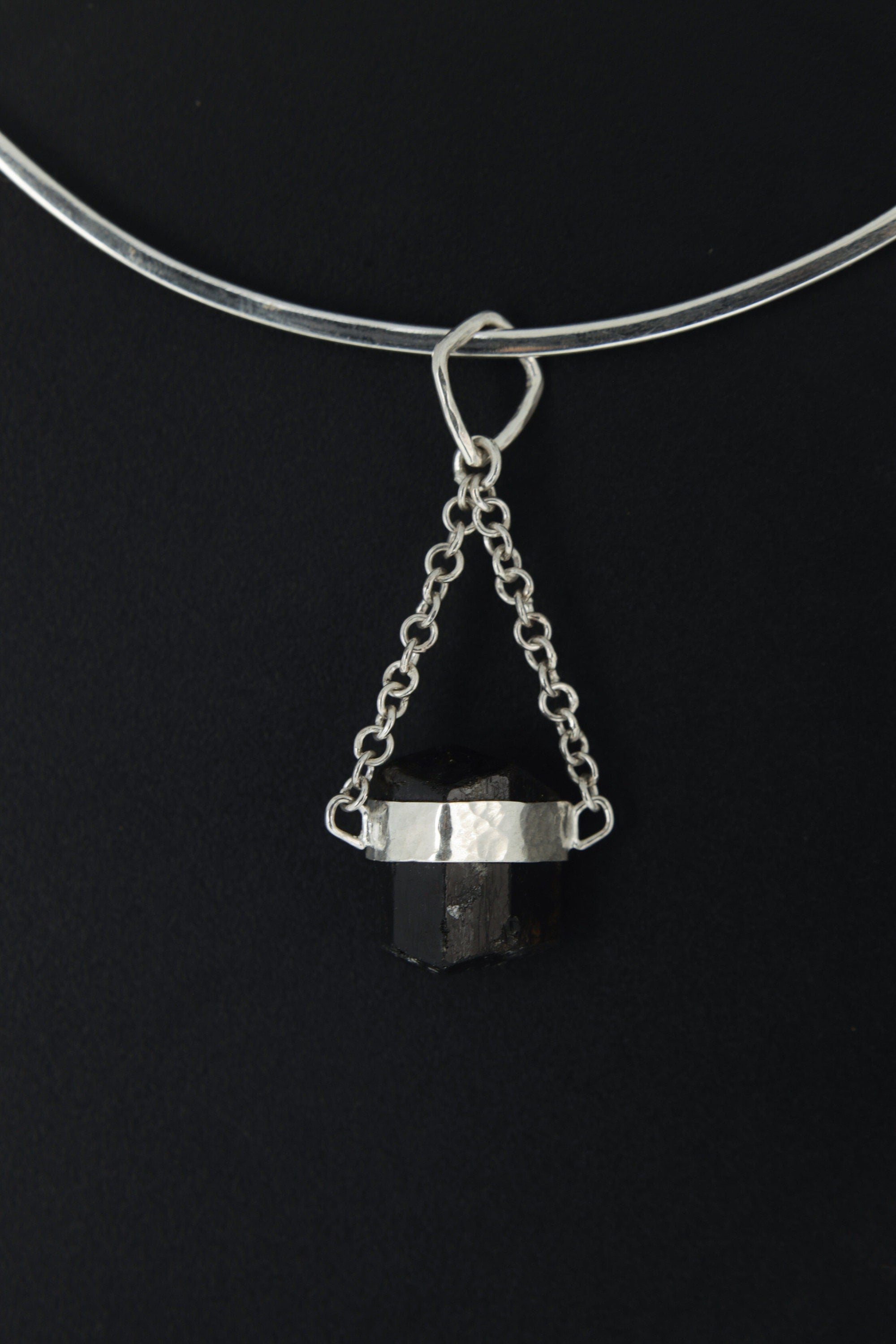 Double Terminated Black Tourmaline Pendant, Wrapped Textured Silver, Chain Bail, Sterling Silver Crystal Charm, Protective Energy, N0/05