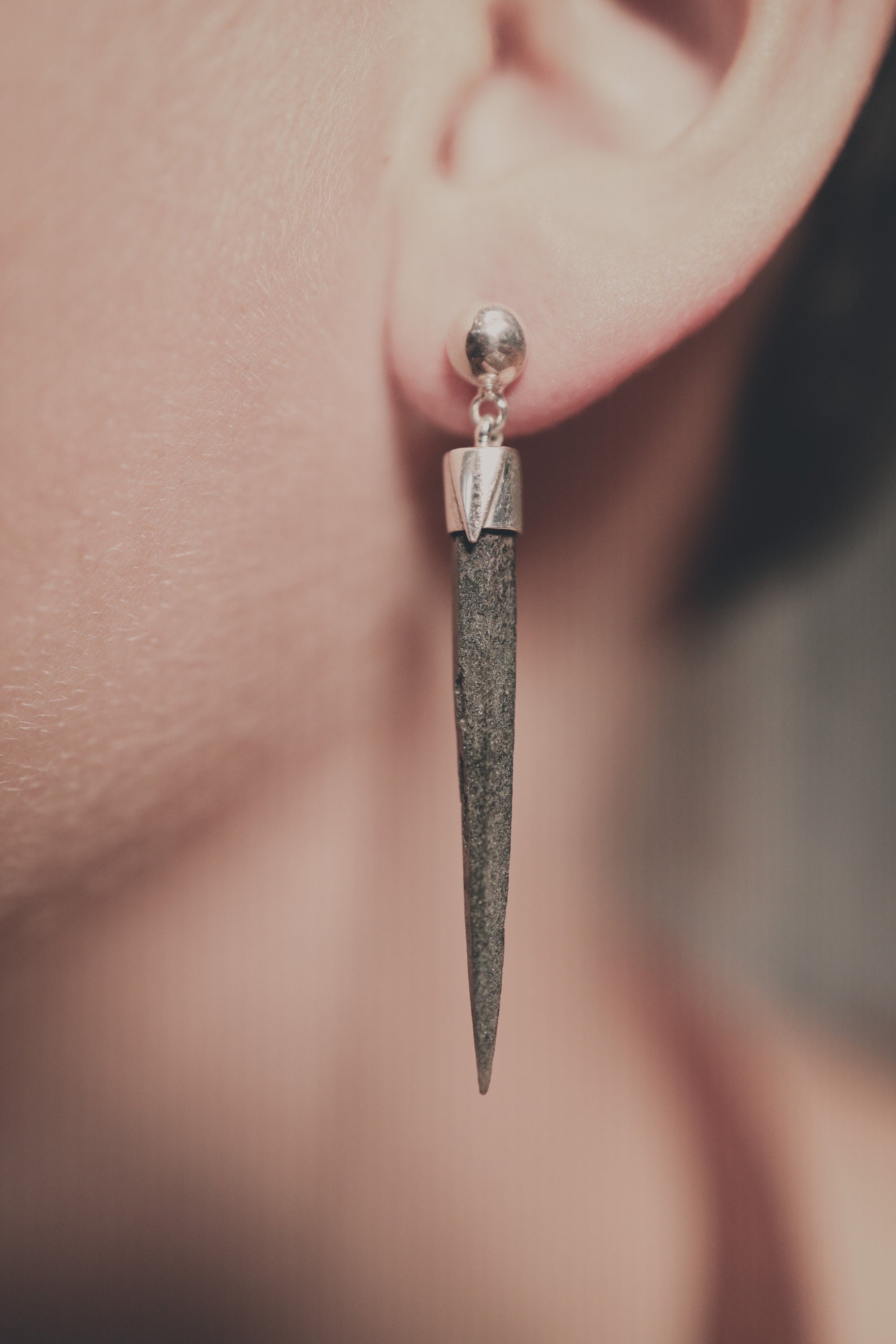 Rare Spiky Himalayan Chlorite Icicle Quartz - High polish Cap Set Button Stud - Sterling Silver - Dangle Stud Earrings