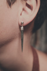 Himalayan Chlorite Quartz stud drop earrings shown worn on the ear, with long raw crystal points and polished silver detail.