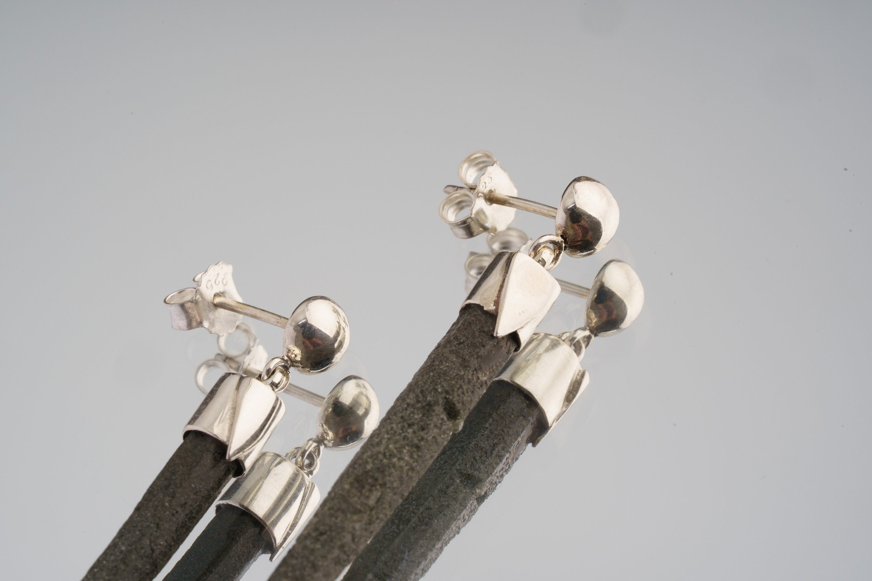 Rare Spiky Himalayan Chlorite Icicle Quartz - High polish Cap Set Button Stud - Sterling Silver - Dangle Stud Earrings