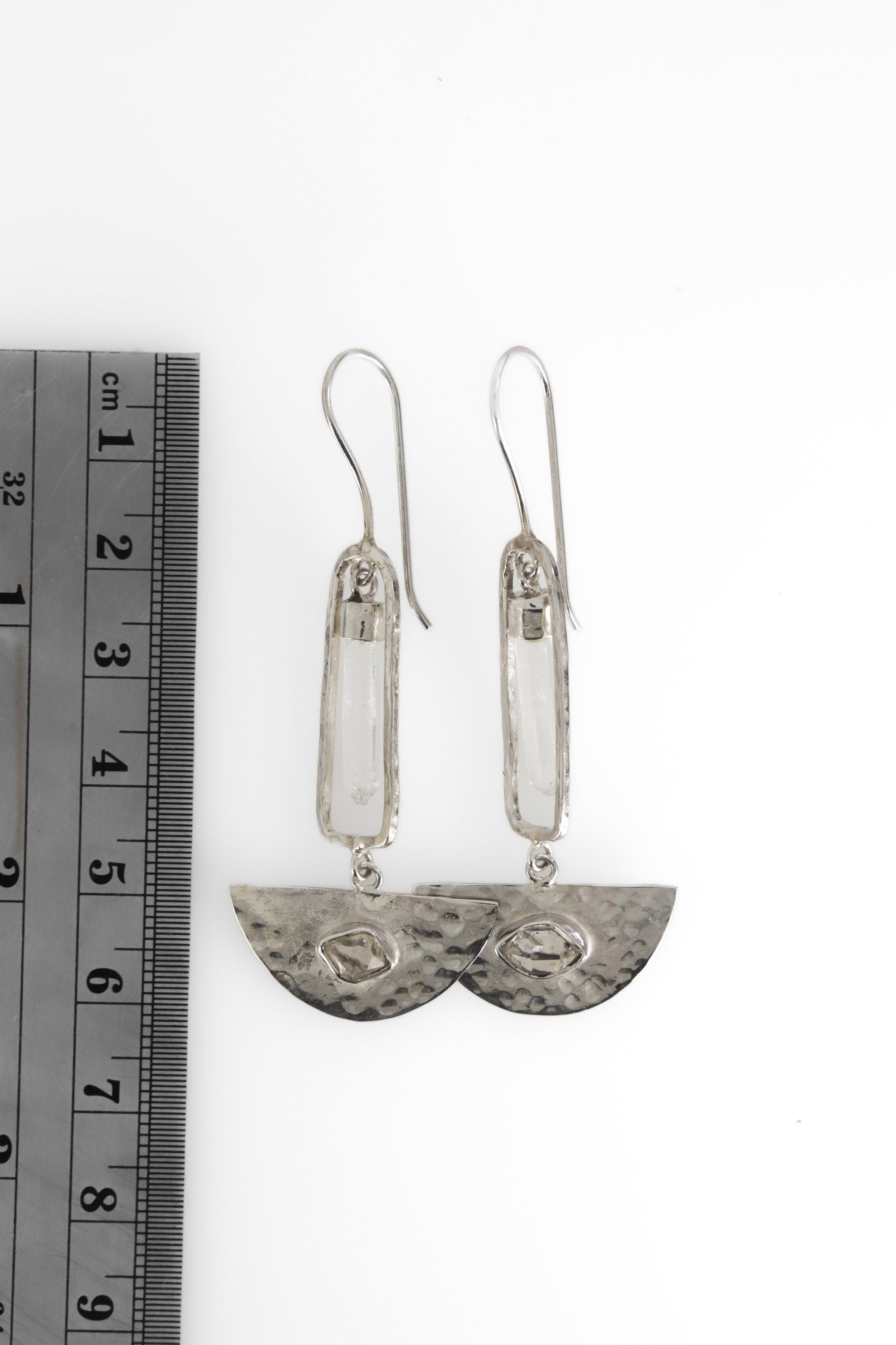 Art Deco Dangle Earrings with Aquamarine & Herkimer Diamonds, Shiny Hammered Texture, 925 Sterling Silver, Elegant Crystal Earring