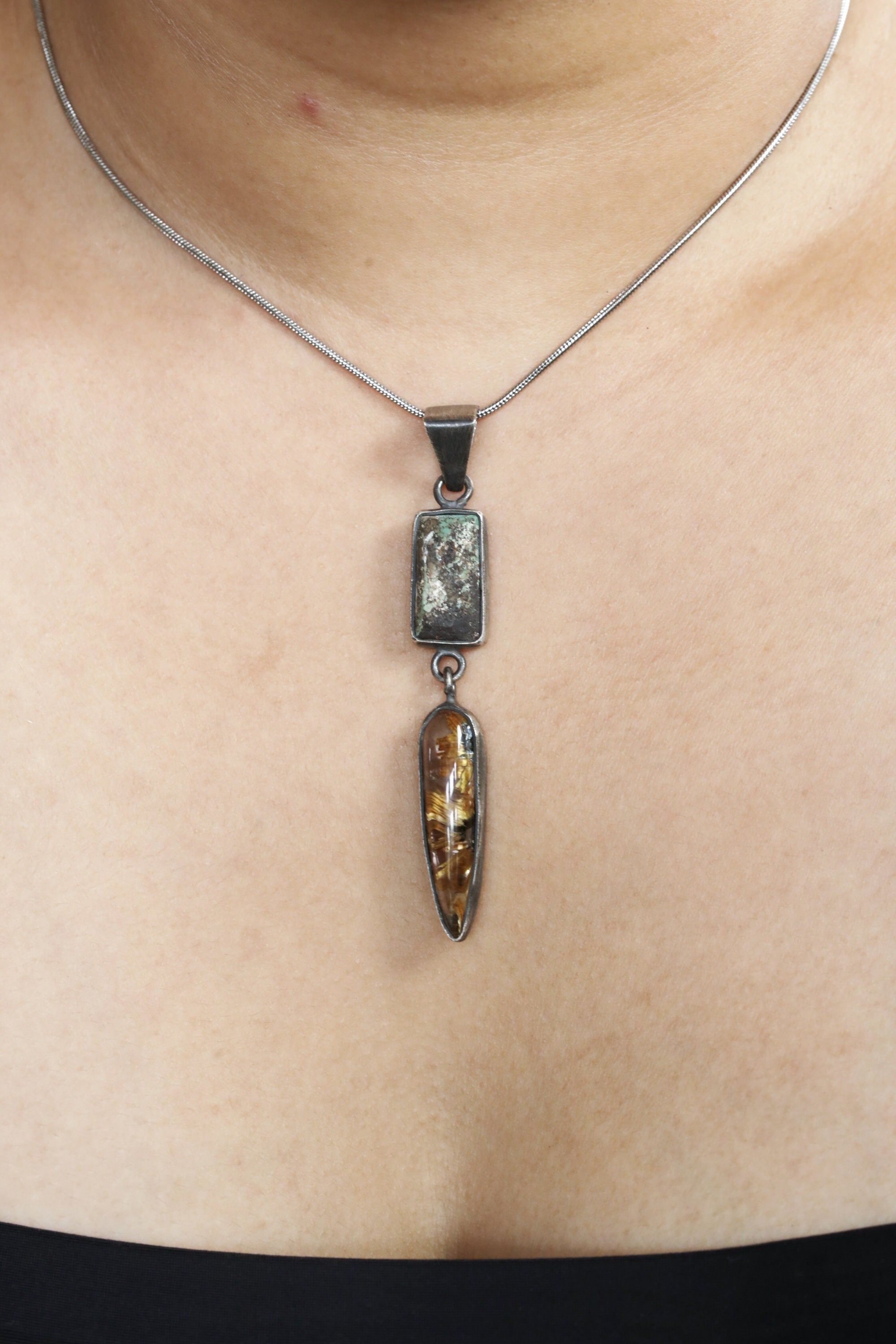 Guardian Pendant: Old Cut Turquoise, High Grade Golden Rutile Tooth - Sterling Silver Pendant - Oxidized and Brush Texture