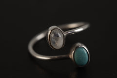 Petite Oval Turquoise & Blue Moonstone Ring - High Polish Sterling Silver - Adjustable Wire Band Open Ring - Size 4-9 US - Crystal Jewellery