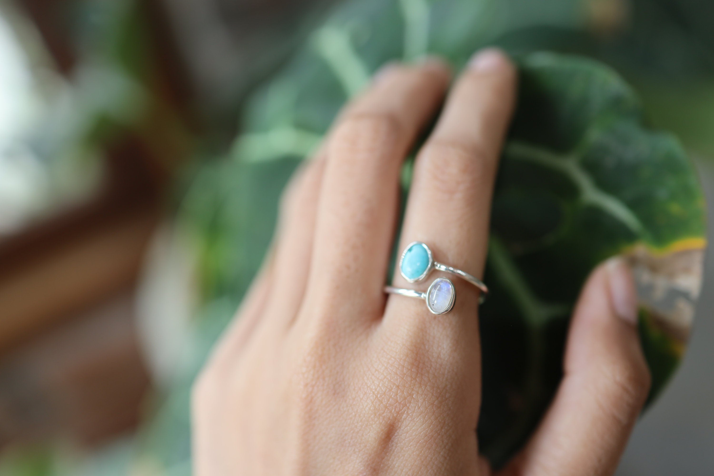 Celestial Turquoise - Turquoise & Moonstone - High Polish Sterling Silver Adjustable Ring - Size 4-9 US