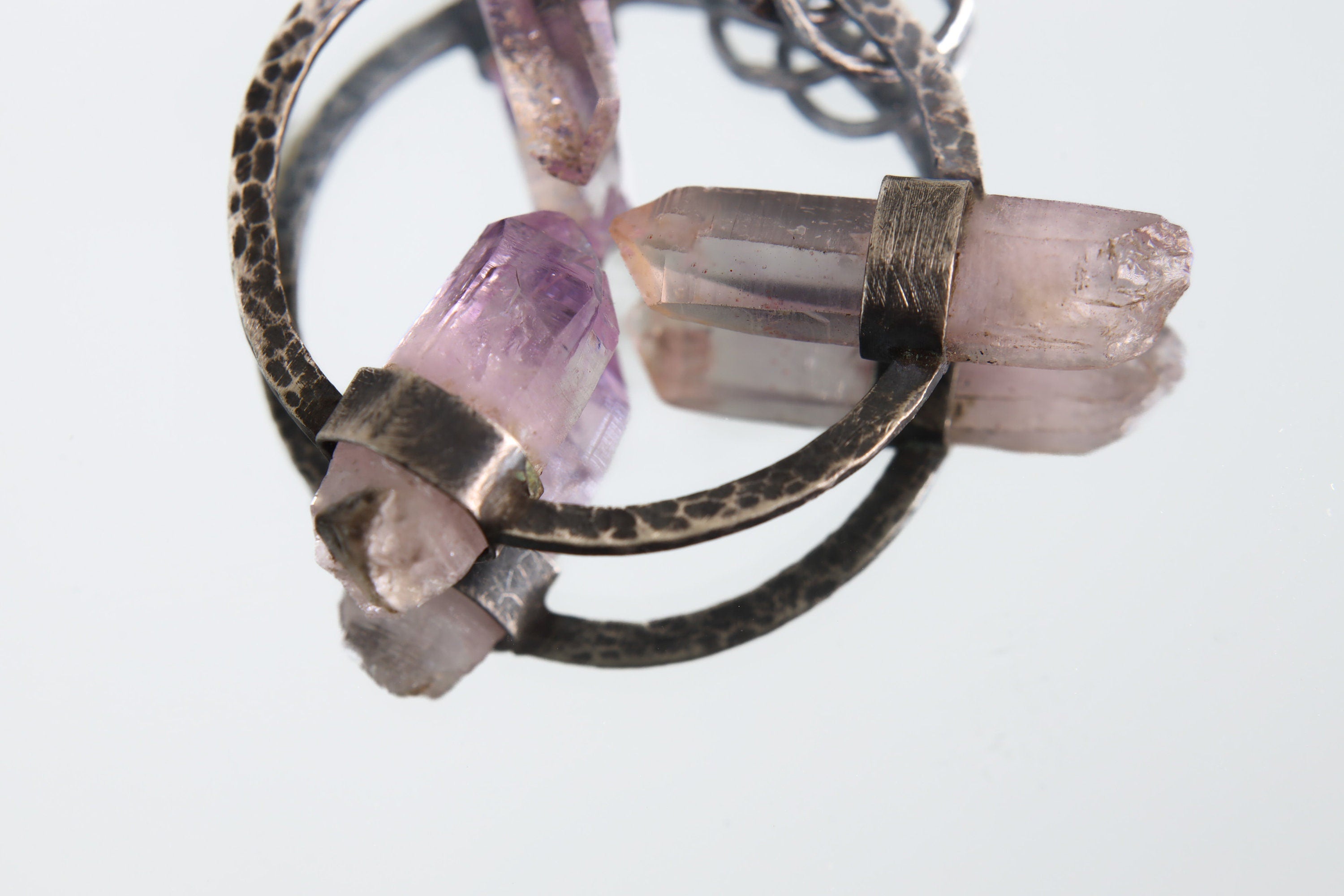 Sterling Silver Pendant adorned with Three Vera Cruz Amethyst - Crystals Necklace - Oxidized & Hammer Finished