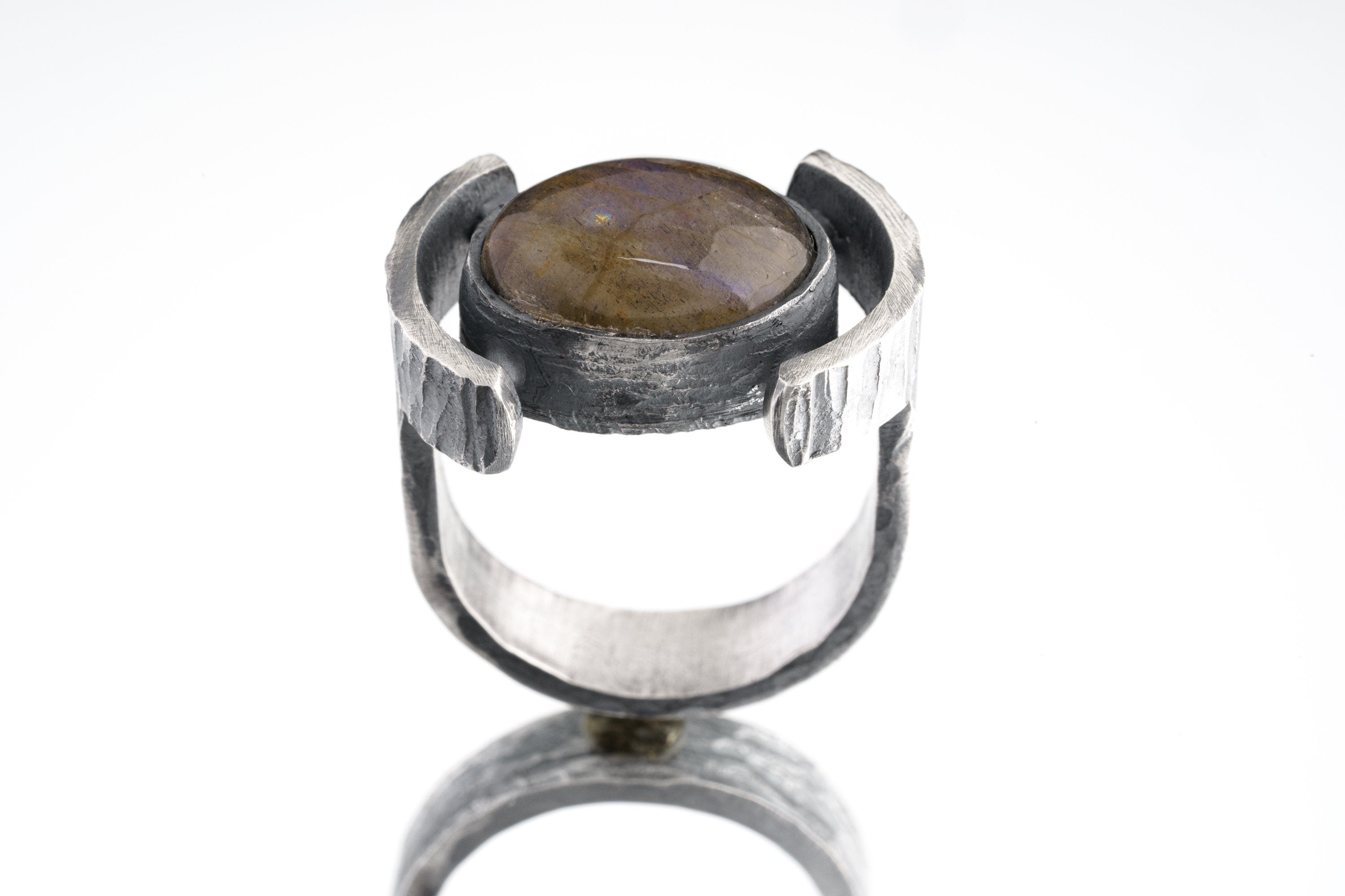 Oval Labradorite Oxidized Silver Ring shown from the front with layered bezel and dark oxidized silver finish.