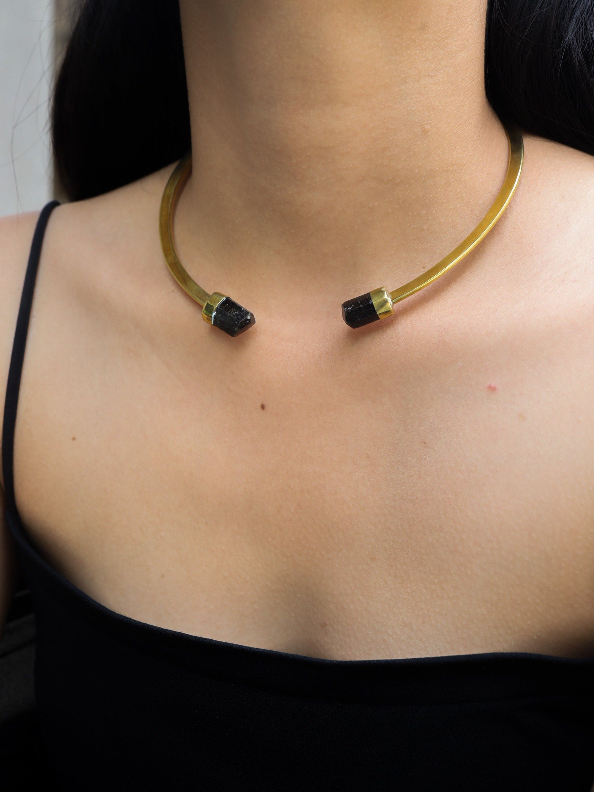 Two Gem Brown Tourmaline Points set on Gold Plated Solid Brass Cuff, Golden Neck Collar, Crystal Choker, Throat Cuff Flat