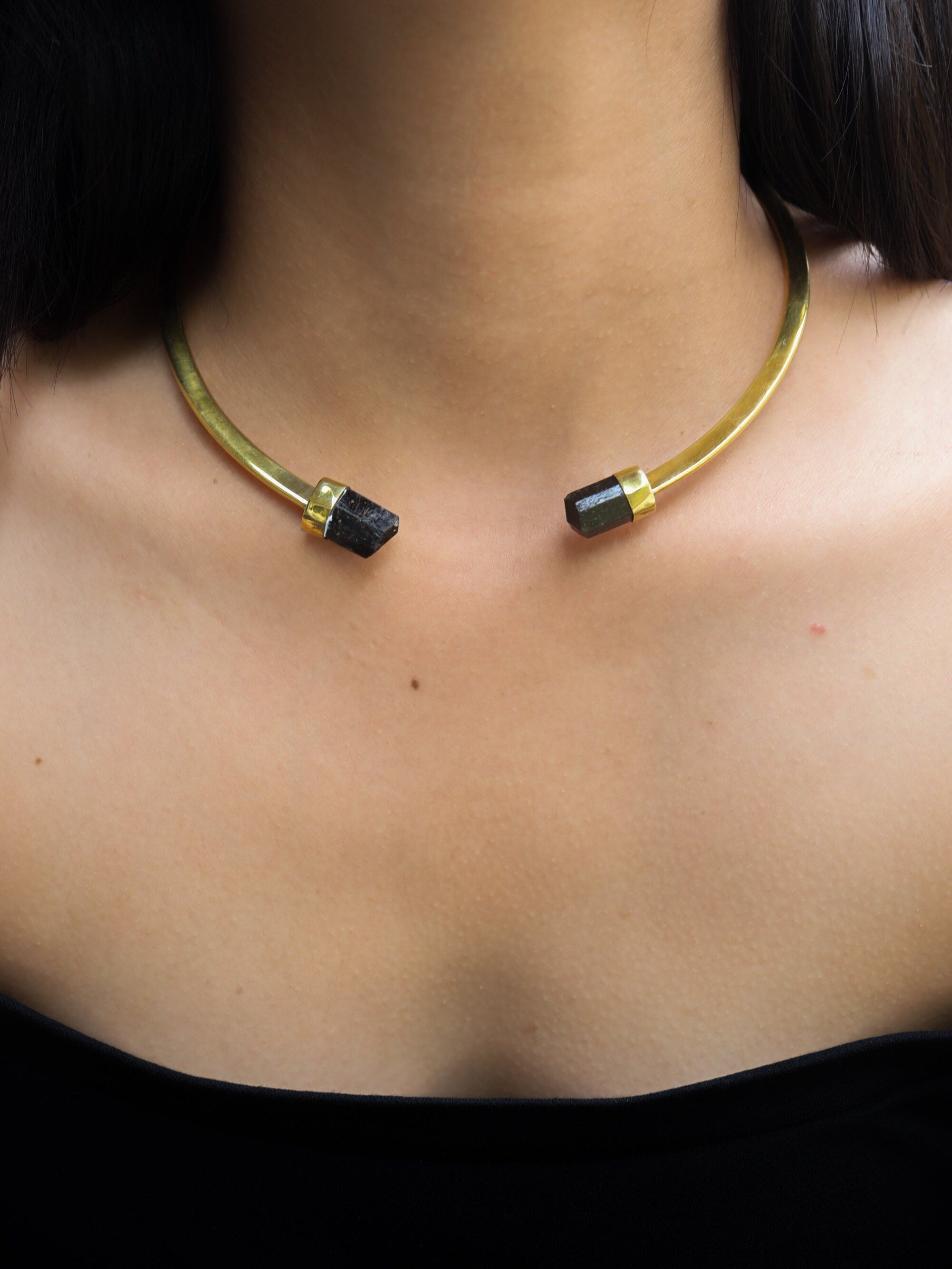 Two Gem Brown Tourmaline Points set on Gold Plated Solid Brass Cuff, Golden Neck Collar, Crystal Choker, Throat Cuff Flat