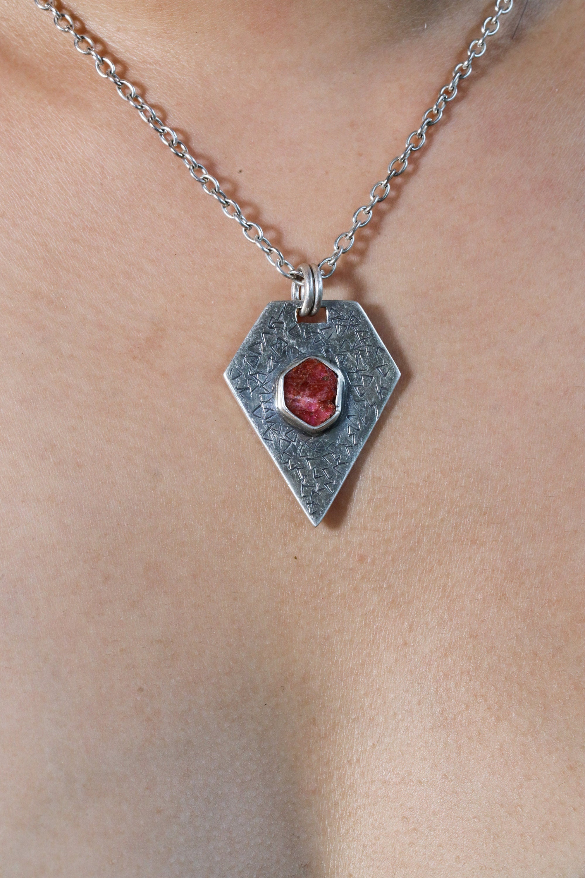 Pentagon-Shaped Record Keeper Ruby Muse Pendant, Sterling Silver, Textured & Shiny Finish, Root Chakra, Leo Zodiac, Unique Gift