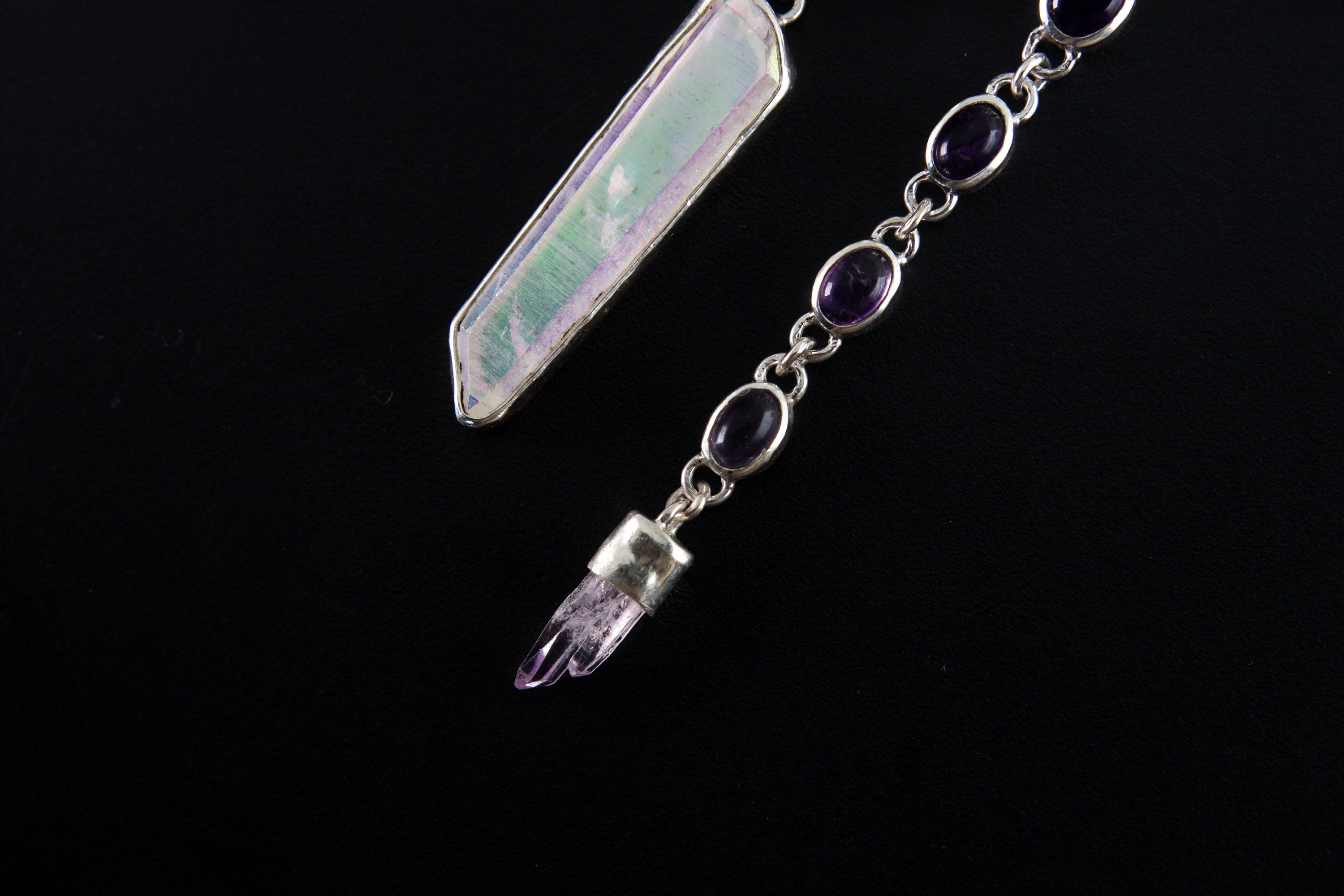 AA Charoite with Dangling Angel Aura DT Quartz & Amethyst Chain, Vera Cruz Point Pendant, Sterling Silver, 16-Inch crystal Necklace