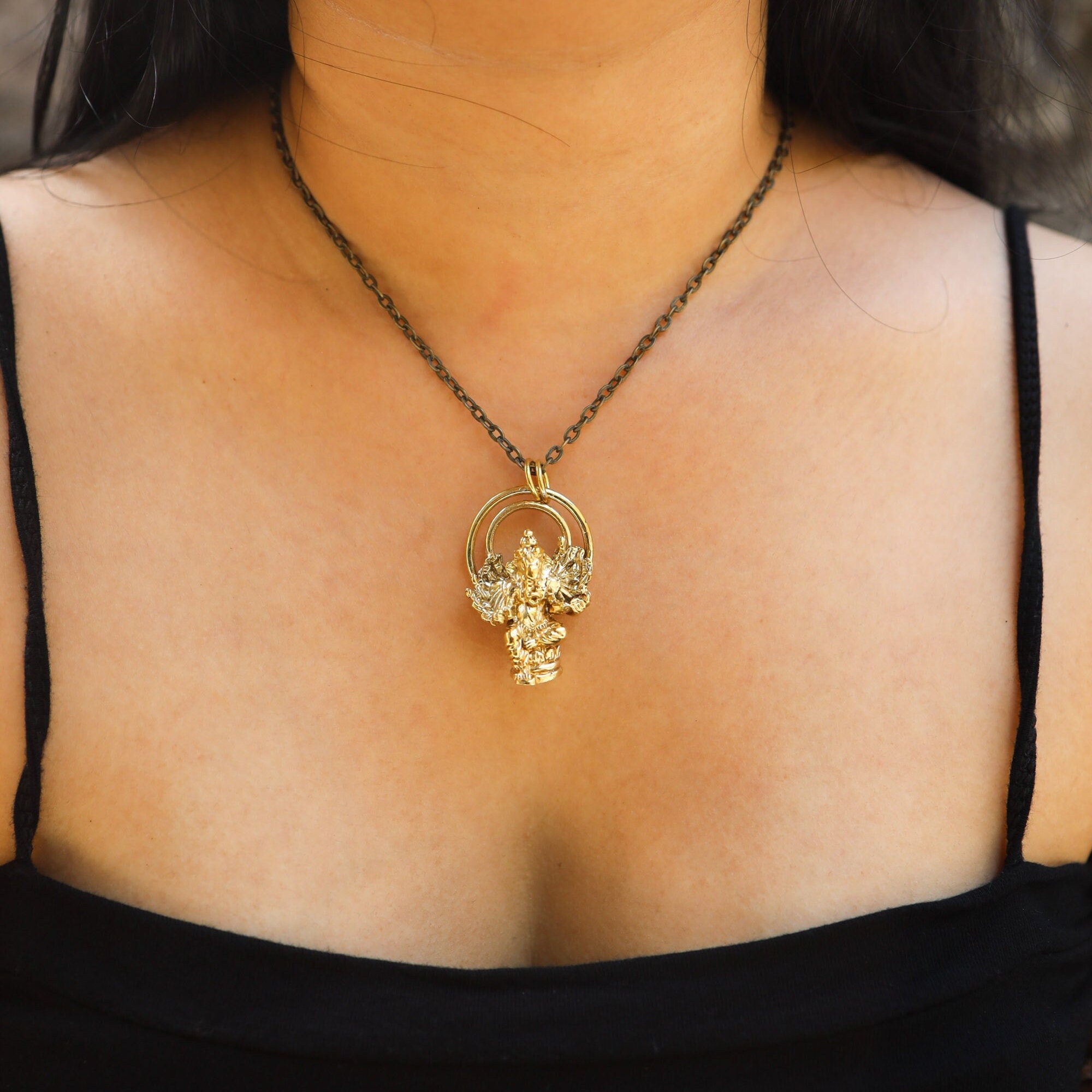 Cast Pendant with Sitting Ganesha Halo Talisman, Gold Plated Brass Charm, Abundance & Protection, Hindu Symbolic Jewelry