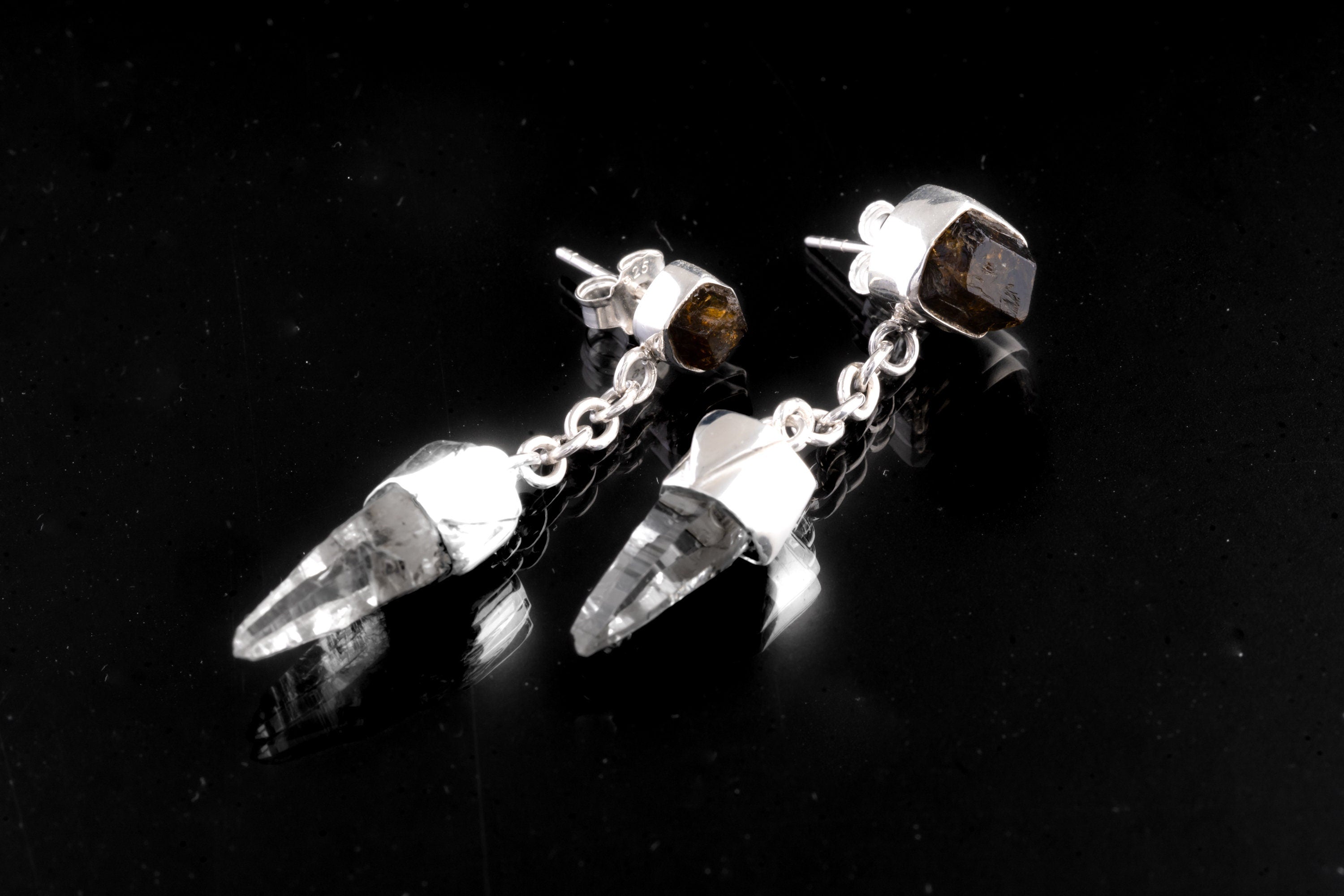 Brown Dravite Tourmaline and Clear Quartz - 925 Sterling Silver Stud Earring - Shiny and Polish Finished - Modern Elegance Jewelry