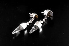 Brown Dravite Tourmaline and Clear Quartz - 925 Sterling Silver Stud Earring - Shiny and Polish Finished - Modern Elegance Jewelry