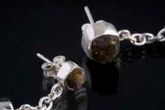 Brown Dravite Tourmaline and Clear Quartz - 925 Sterling Silver Stud Earring - Shiny and Polish Finished - Modern Elegance Jewelry