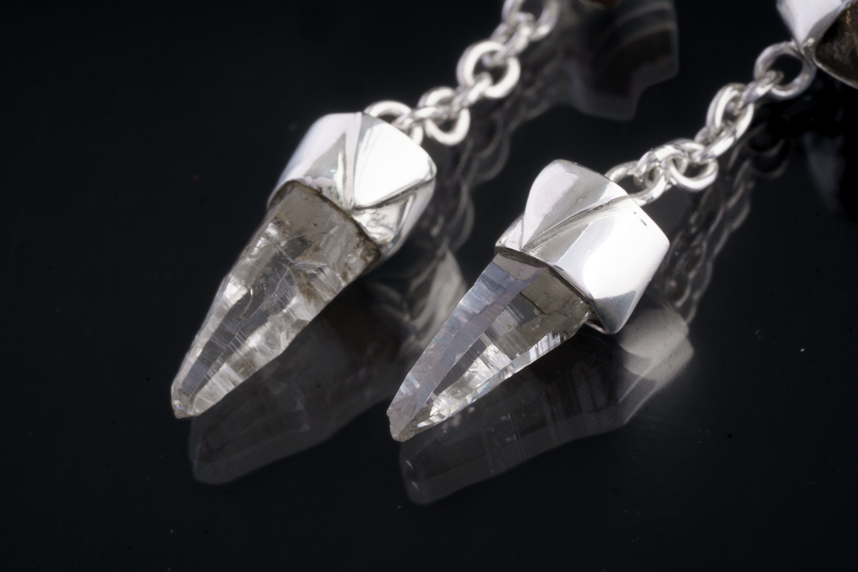 Brown Dravite Tourmaline and Clear Quartz - 925 Sterling Silver Stud Earring - Shiny and Polish Finished - Modern Elegance Jewelry
