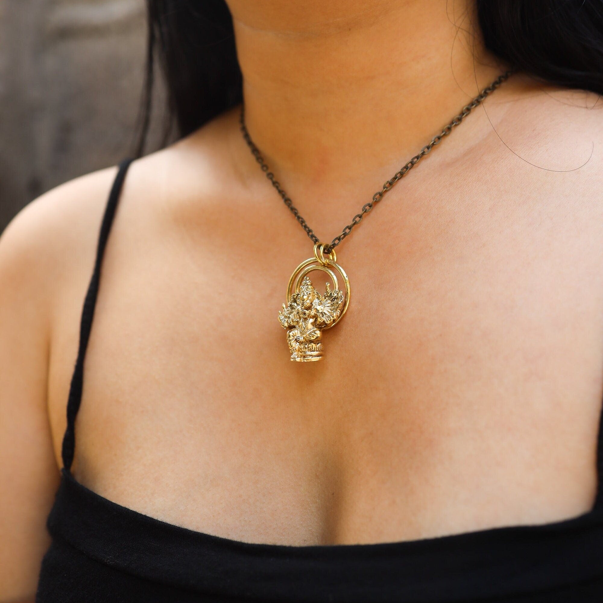 Cast Pendant with Sitting Ganesha Halo Talisman, Gold Plated Brass Charm, Abundance & Protection, Hindu Symbolic Jewelry