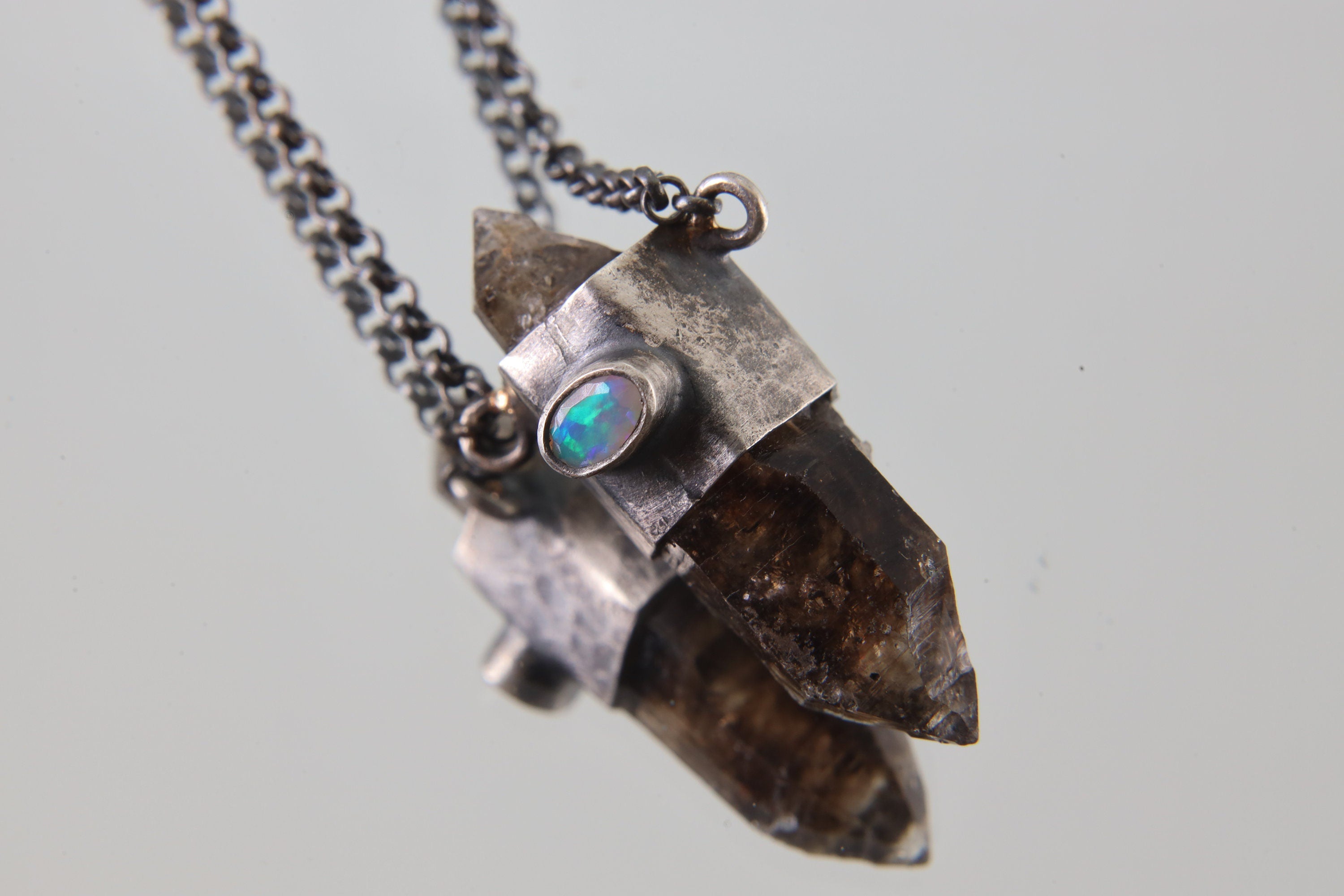 Double Terminated Morella Smoky Quartz Point, Ethiopian Opal, and Blue Moonstone - Oxidised & Textured Sterling Silver Crystal Pendant