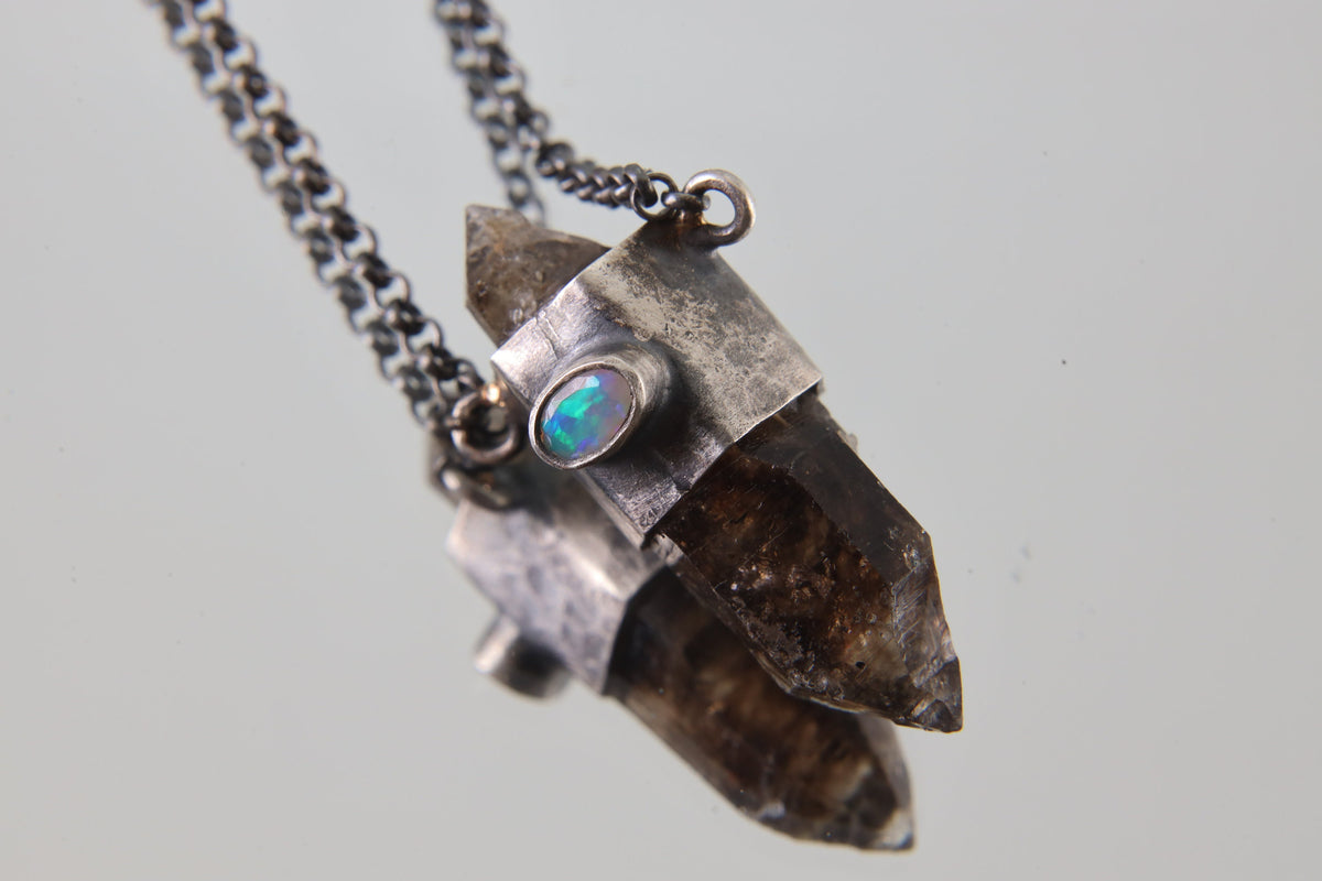 Double Terminated Morella Smoky Quartz Point, Ethiopian Opal, and Blue Moonstone - Oxidised & Textured Sterling Silver Crystal Pendant