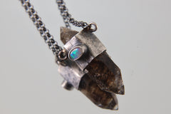 Double Terminated Morella Smoky Quartz Point, Ethiopian Opal, and Blue Moonstone - Oxidised & Textured Sterling Silver Crystal Pendant