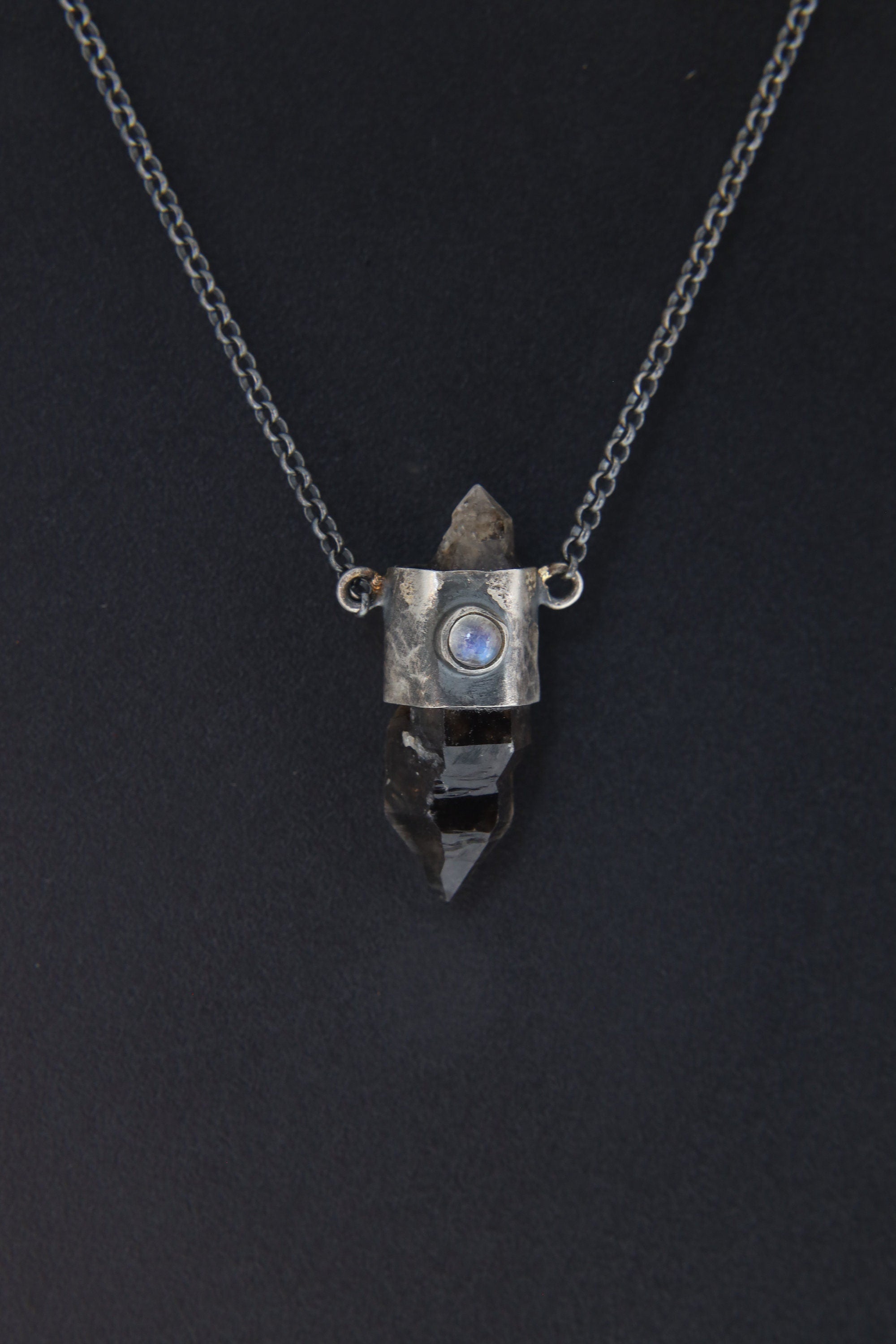Double Terminated Morella Smoky Quartz Point, Ethiopian Opal, and Blue Moonstone - Oxidised & Textured Sterling Silver Crystal Pendant