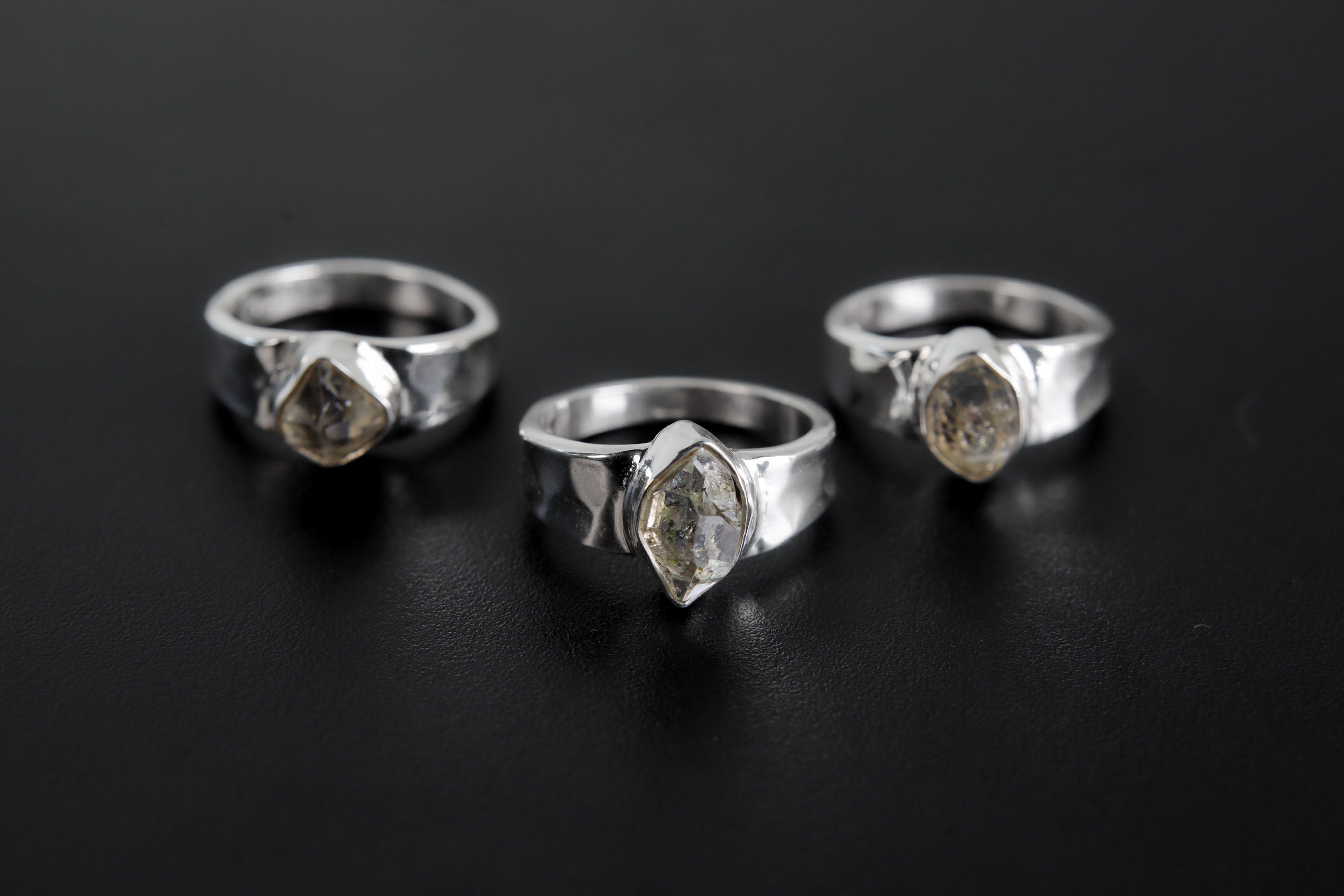 Herkimer Diamond Ring 925 Sterling Silver Raw Quartz Crystal Textured Hammered Band Crown Chakra Aries Sagittarius Gift