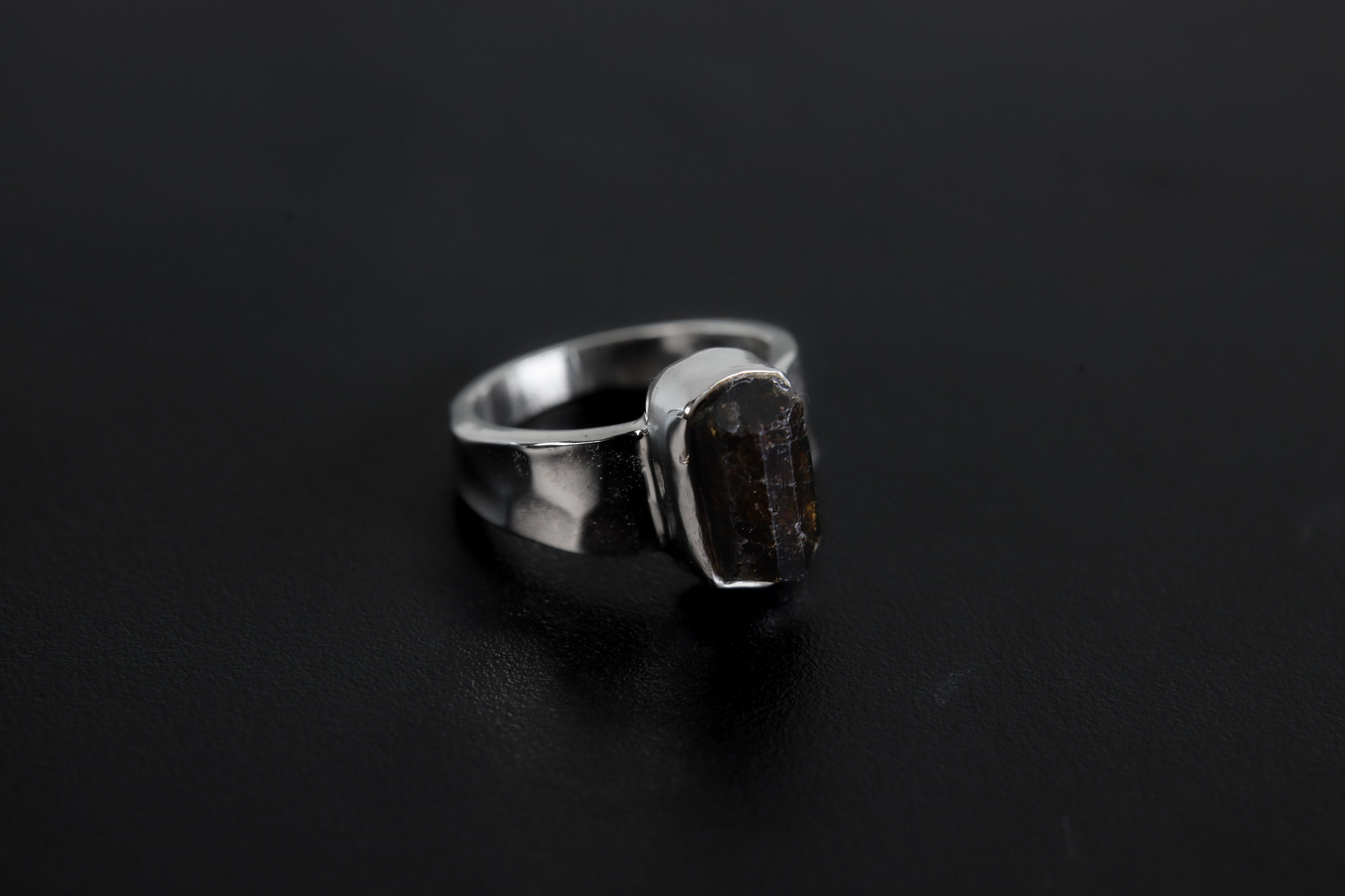 Black Tourmaline Ring 925 Sterling Silver Double Terminated Crystal Hammered Textured Band Root Chakra Capricorn Gift