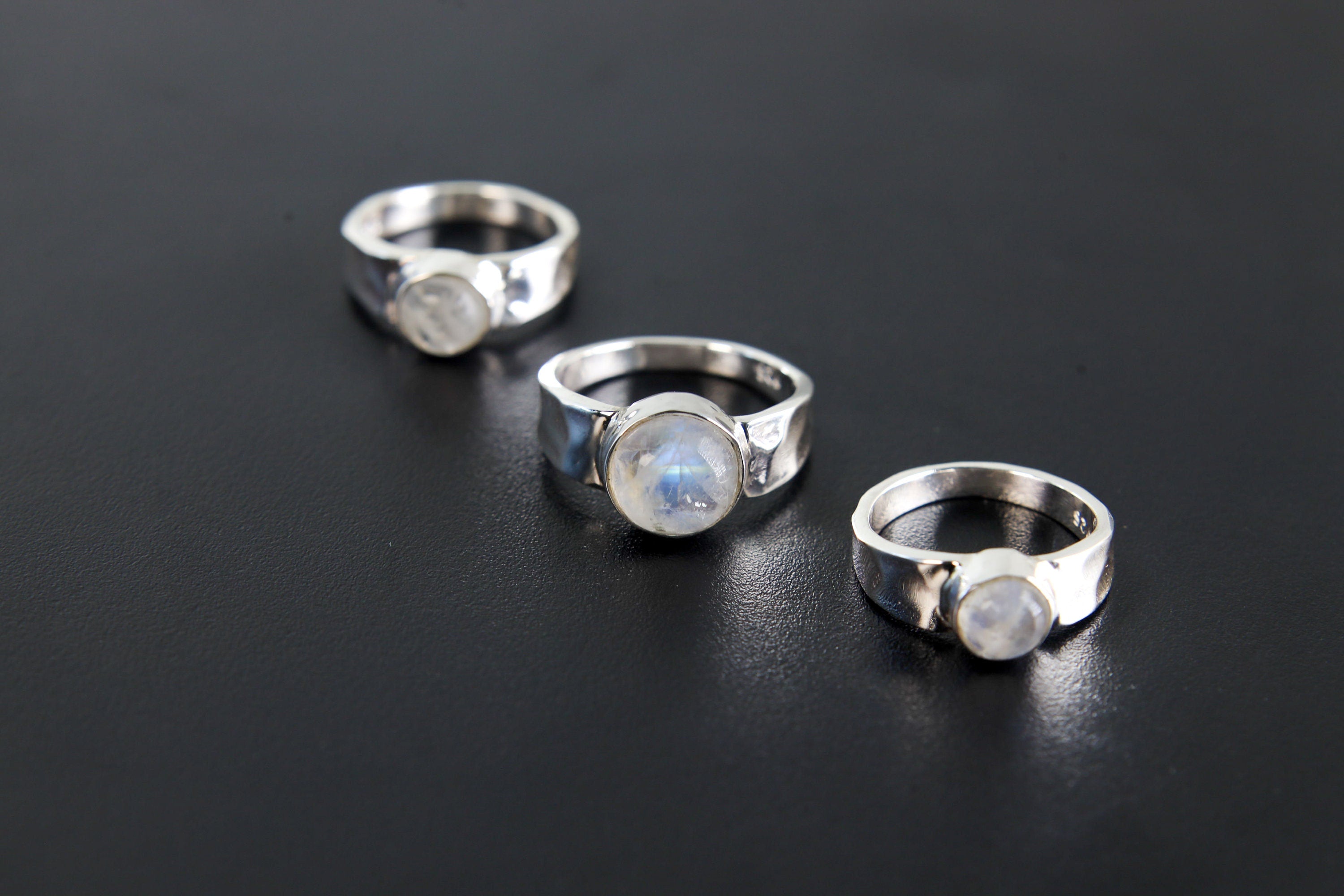 Blue Moonstone Ring 925 Sterling Silver Hammered Bezel Textured Band Third Eye Crown Chakra Cancer Libra Gift