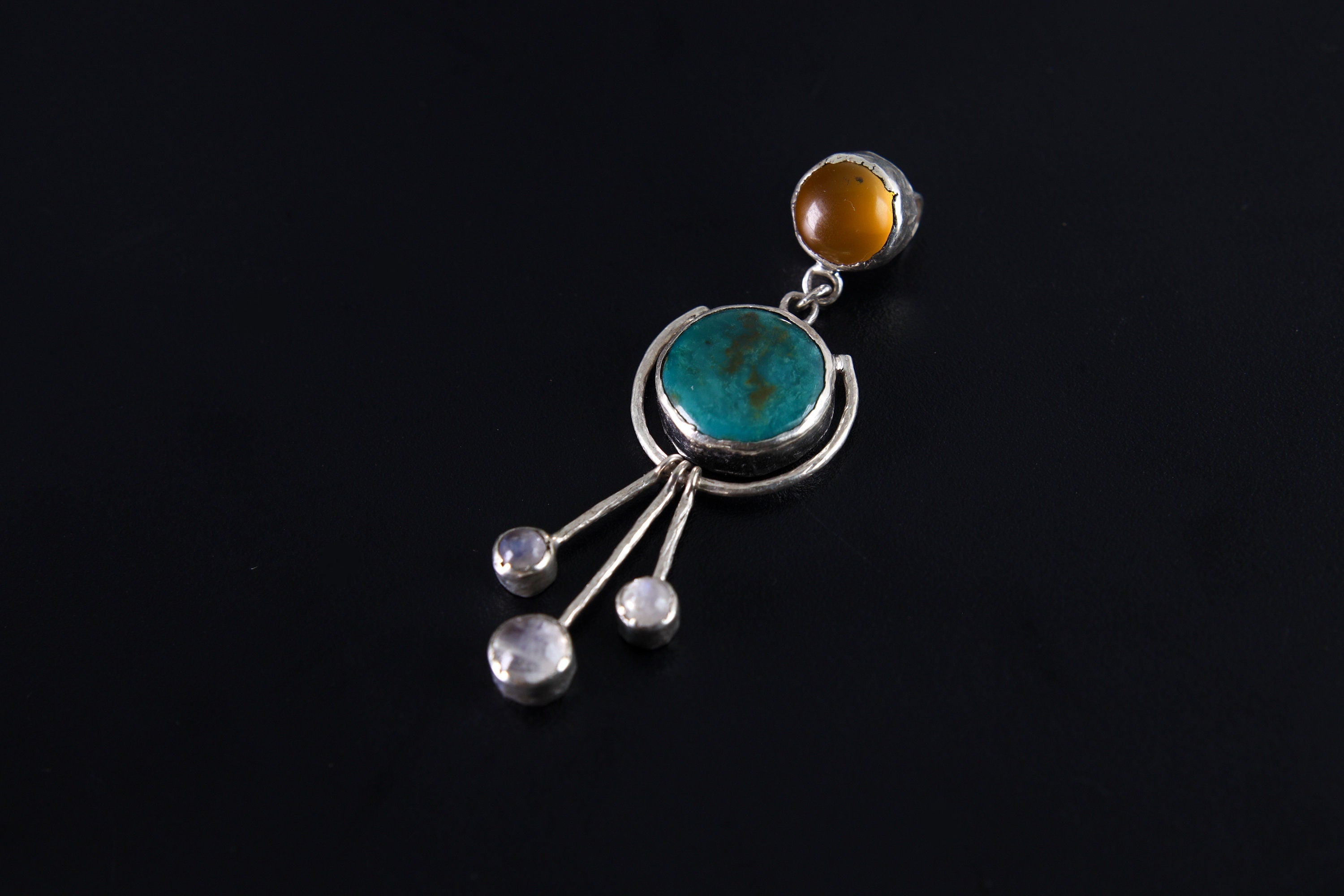 Turquoise Pendant with Three Dangling Moonstones and Radiant Carnelian, Textured Polished Sterling Silver