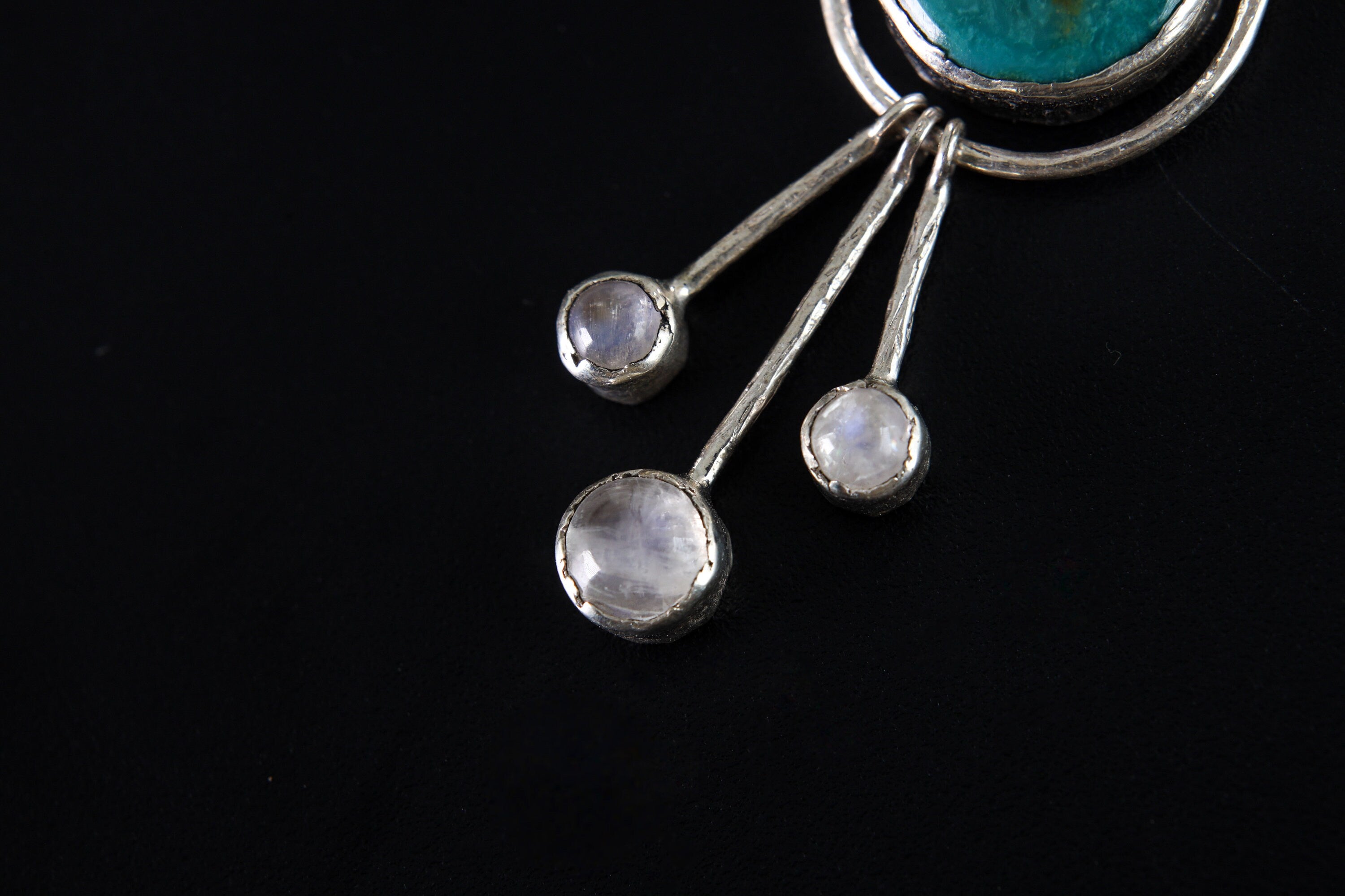 Turquoise Pendant with Three Dangling Moonstones and Radiant Carnelian, Textured Polished Sterling Silver