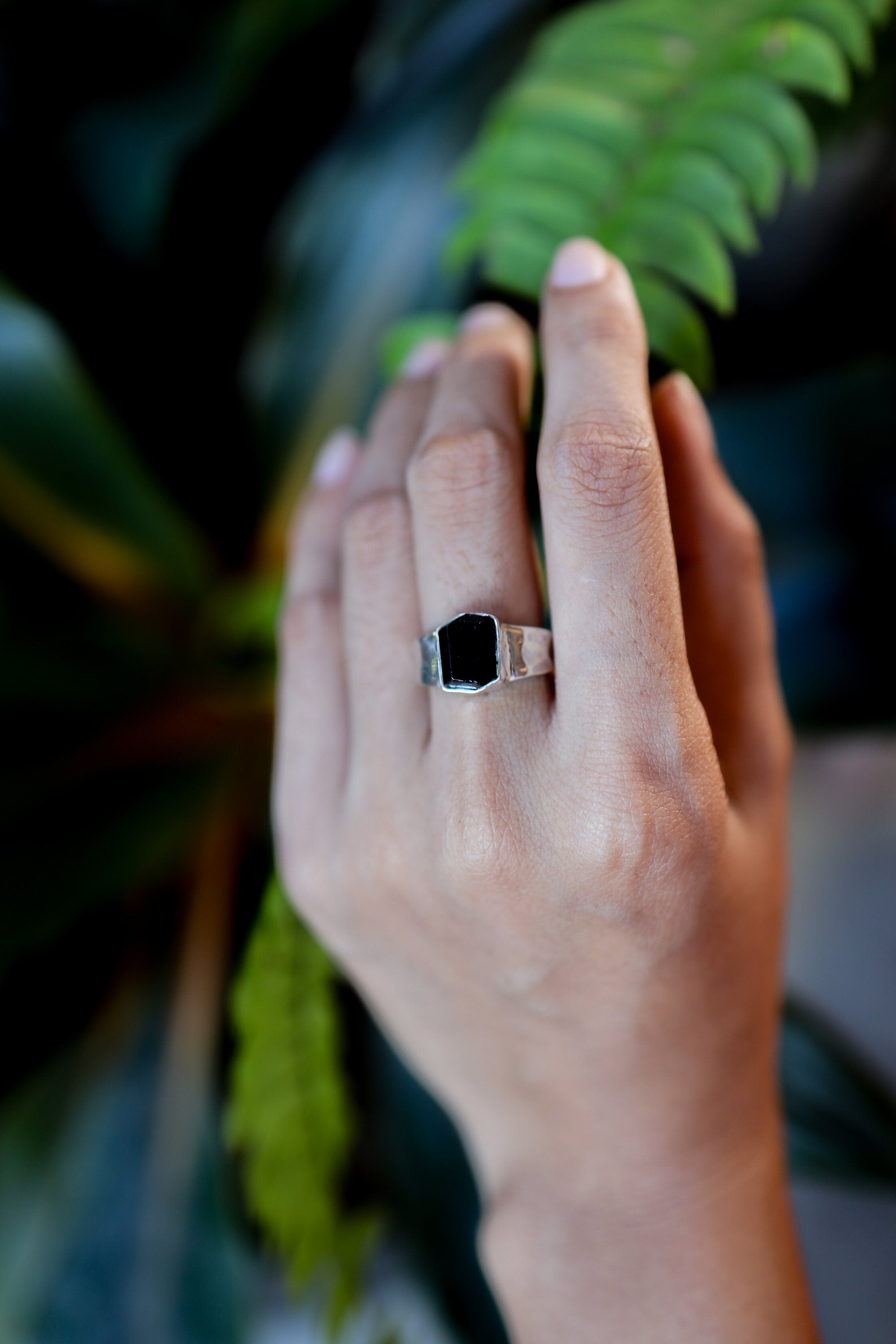 Double Terminated Black Tourmaline Ring - Hammered - 925 Sterling Silver Setting - Unisex - High Shine Polish - Protection & Grounding