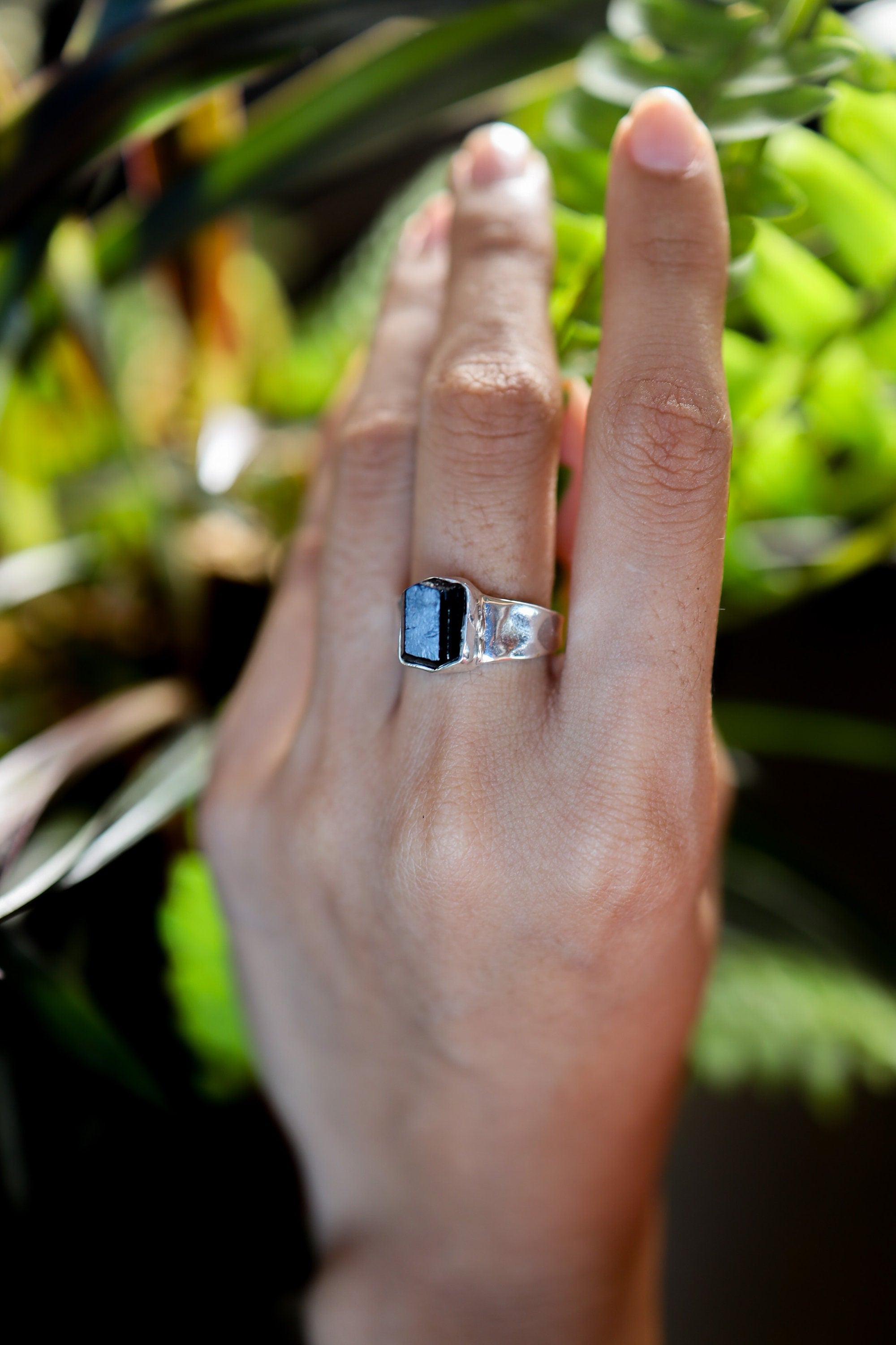 Black Tourmaline Ring 925 Sterling Silver Double Terminated Crystal Hammered Textured Band Root Chakra Capricorn Gift