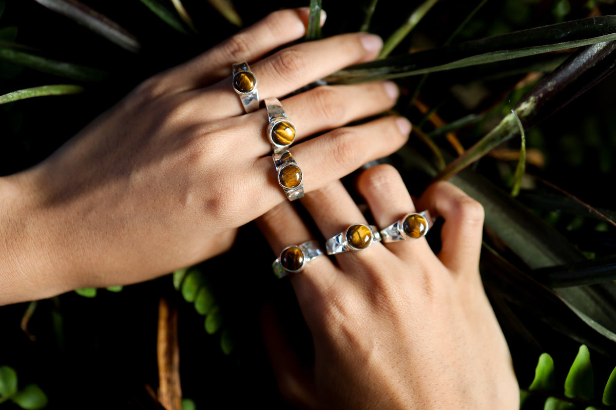 Tiger's Eye Ring: Hammered Sterling Silver Band, Unisex Design