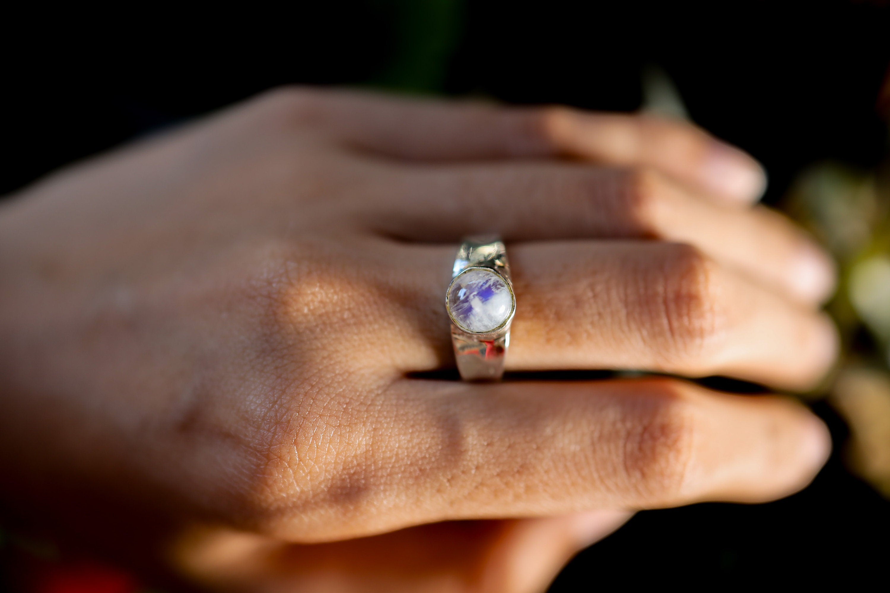 Blue Moonstone Ring: Hammered Sterling Silver Band, Unisex