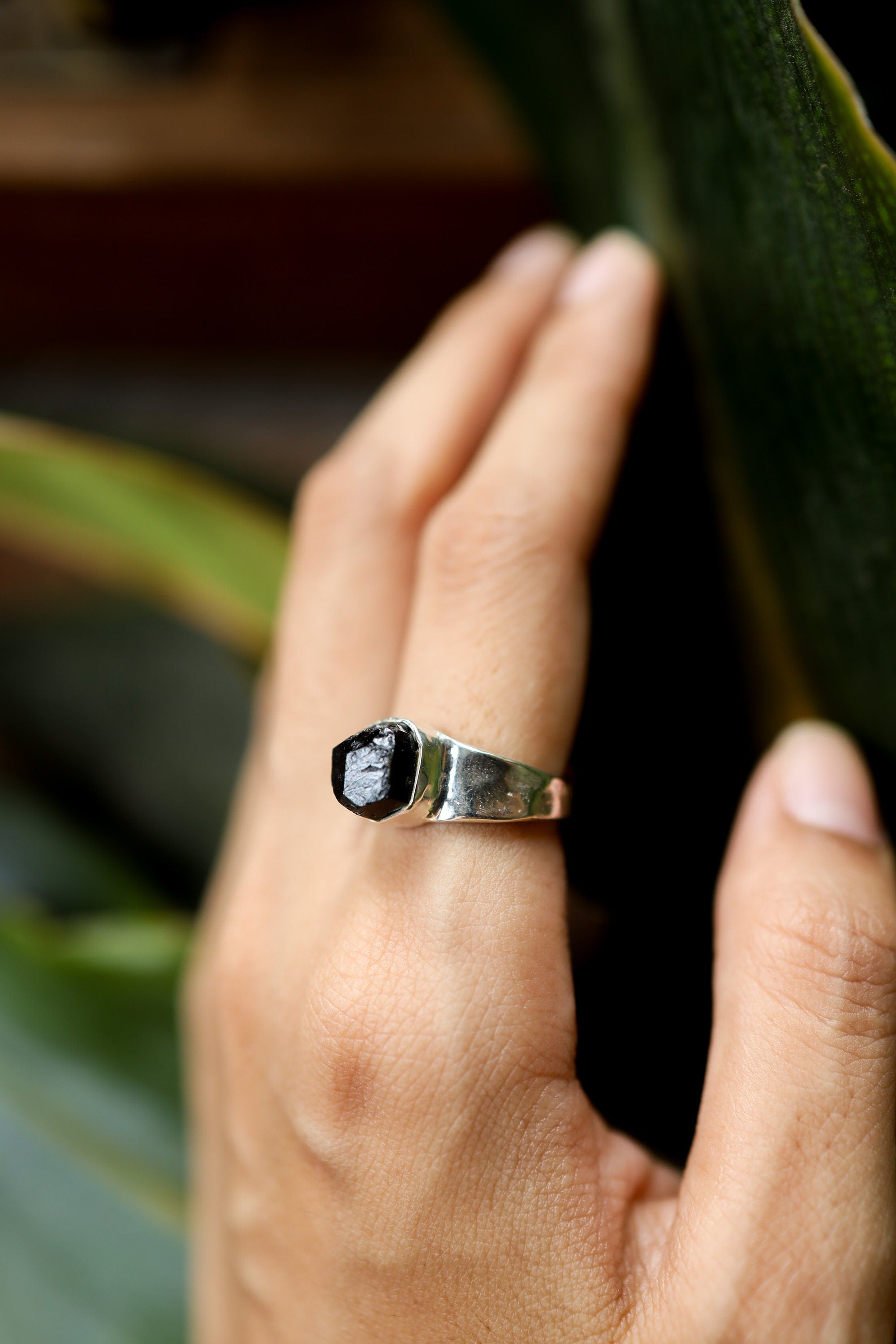 Hammered Black Tourmaline Ring: Sterling Silver Unisex Band