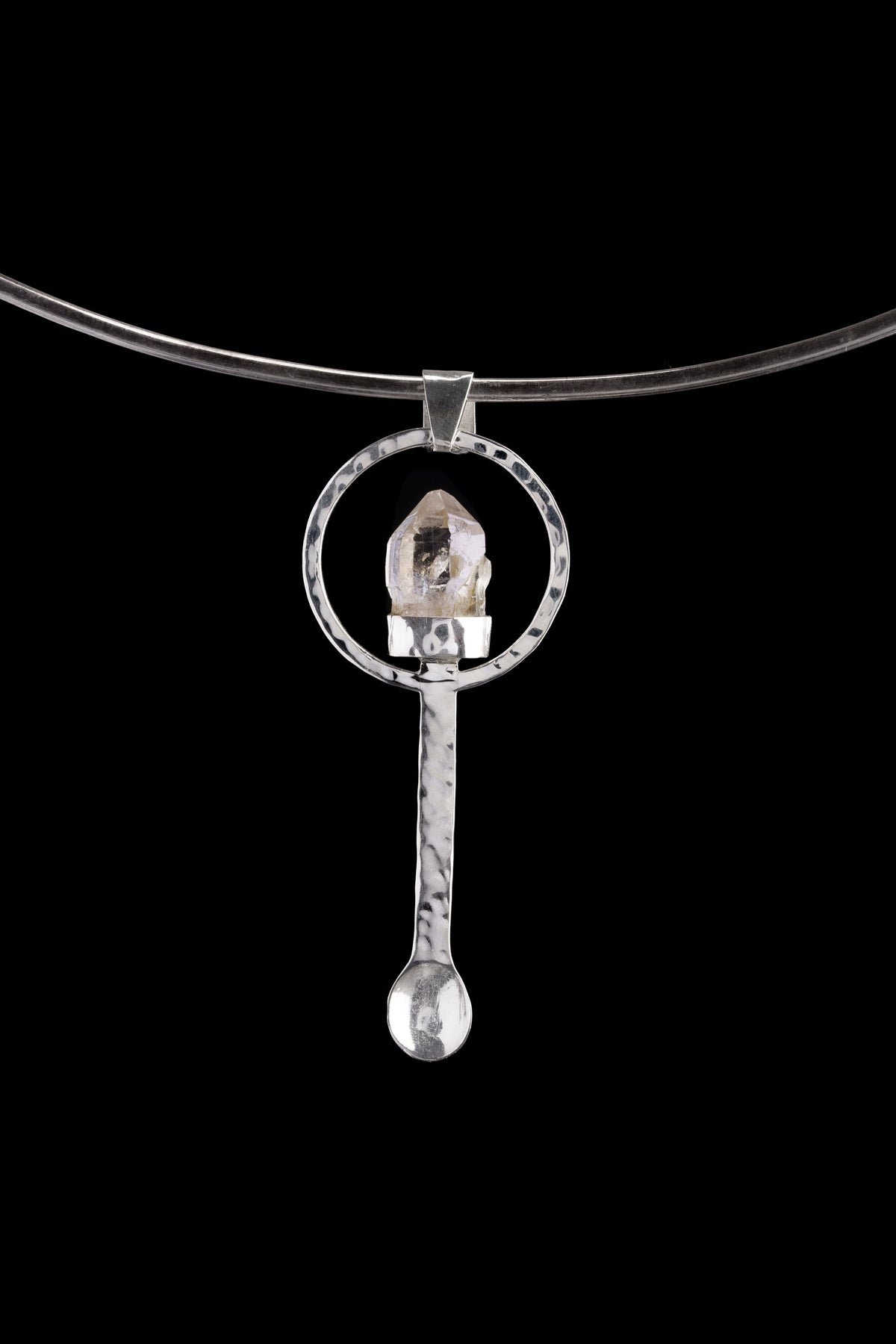 Vera Cruz Amethyst oxidized sterling silver spoon pendant shown on a choker with pale purple crystal setting.