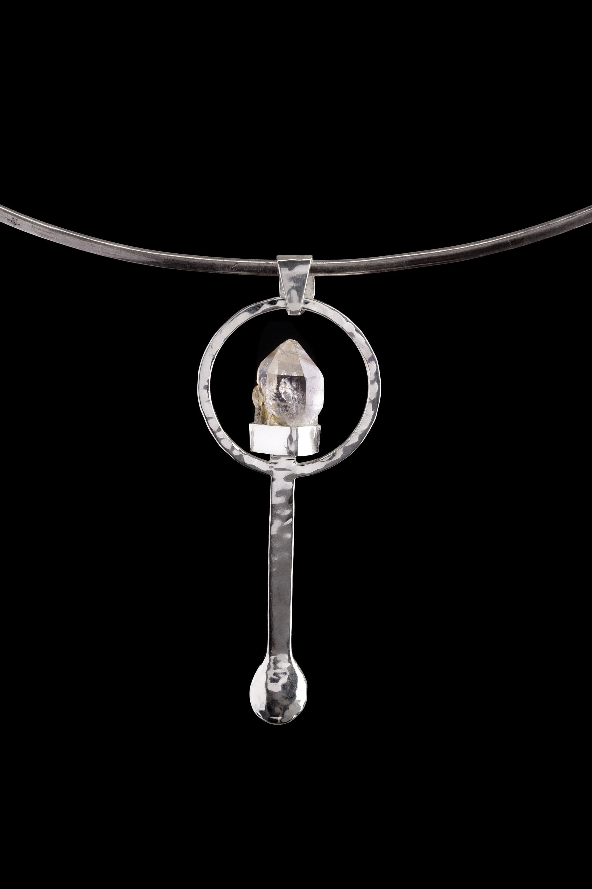 Vera Cruz Amethyst spoon pendant displayed on a choker, showing wearable talisman styling and oxidized silver form.