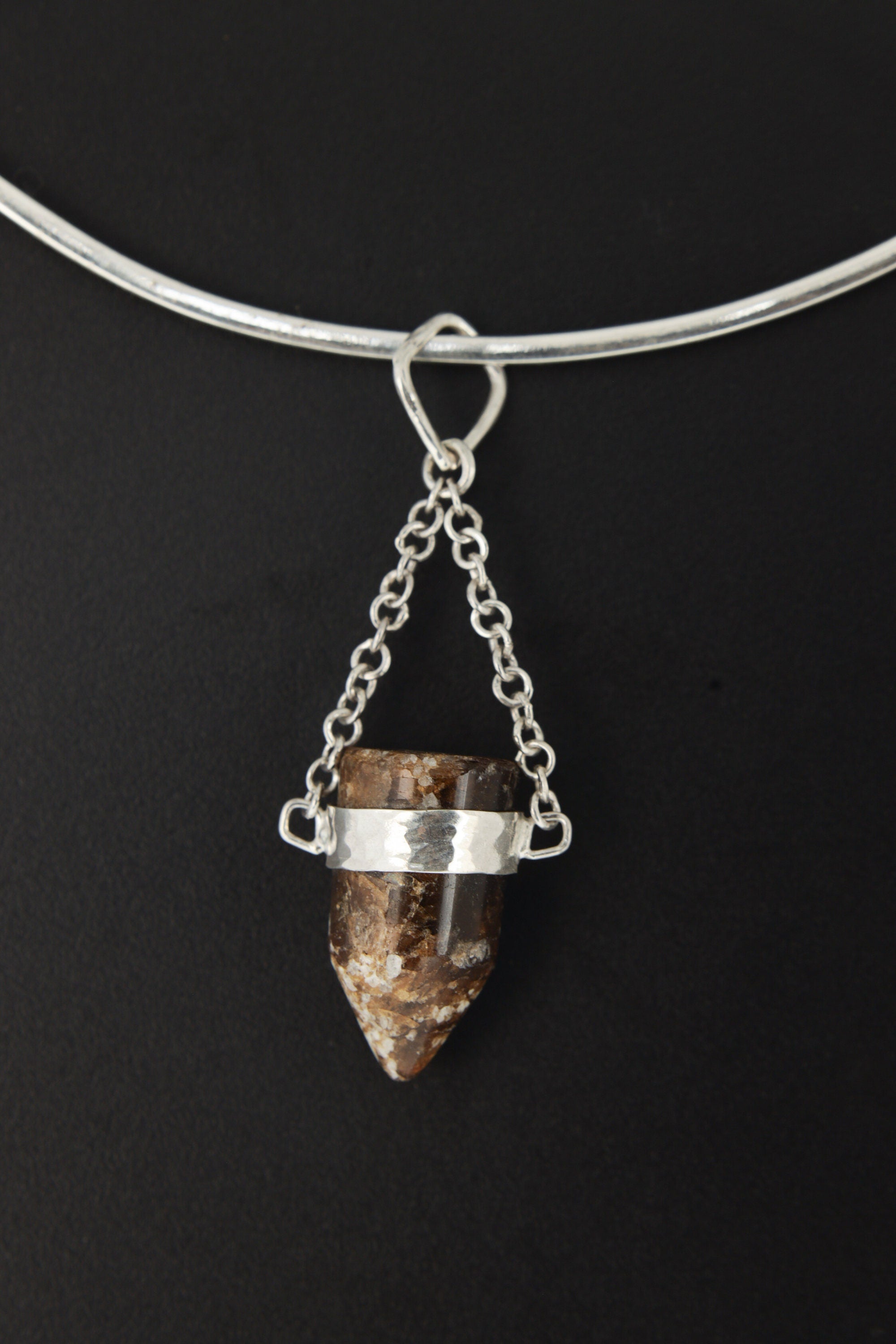 Earthen Bullet Brown Tourmaline - Sterling Silver Crystal Pendant - Hammered Textured & High Polish Finish - NO/03
