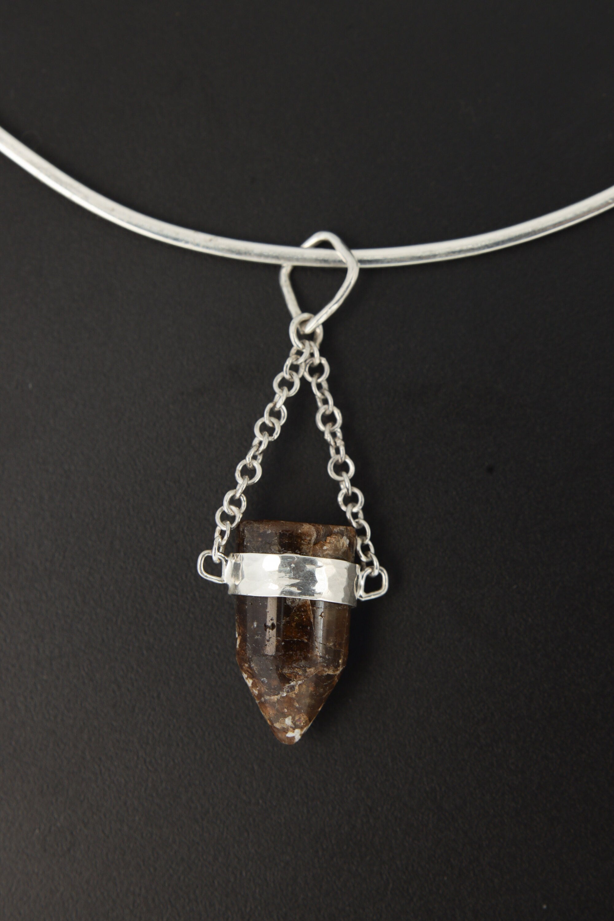 Earthen Bullet Brown Tourmaline - Sterling Silver Crystal Pendant - Hammered Textured & High Polish Finish - NO/03