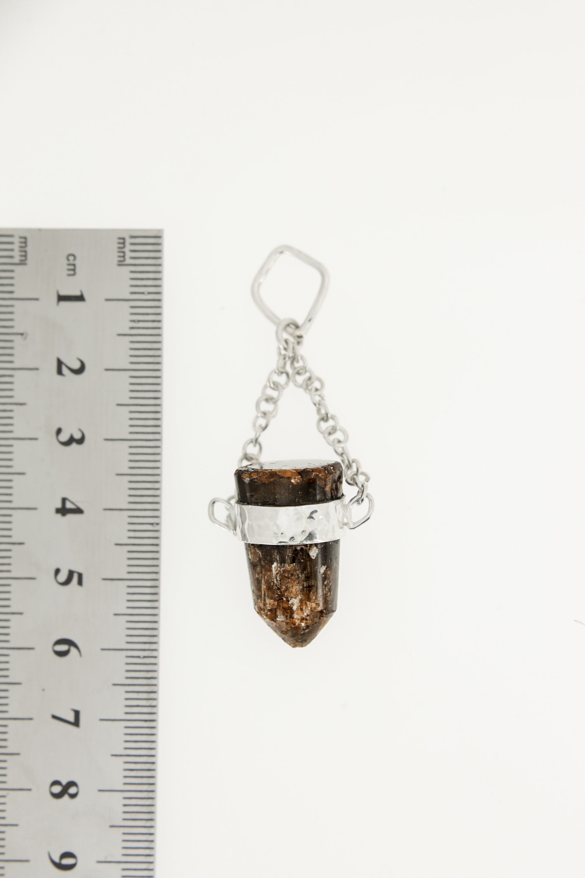 Earthen Bullet Brown Tourmaline - Sterling Silver Crystal Pendant - Hammered Textured & High Polish Finish - NO/04